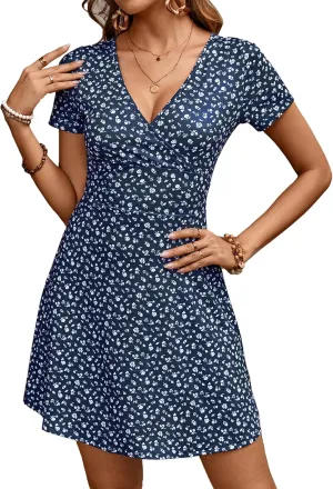 BARASA Women's Elegant Deep V Neck Short Sleeve A-Line Swing Casual Party Dresses S620