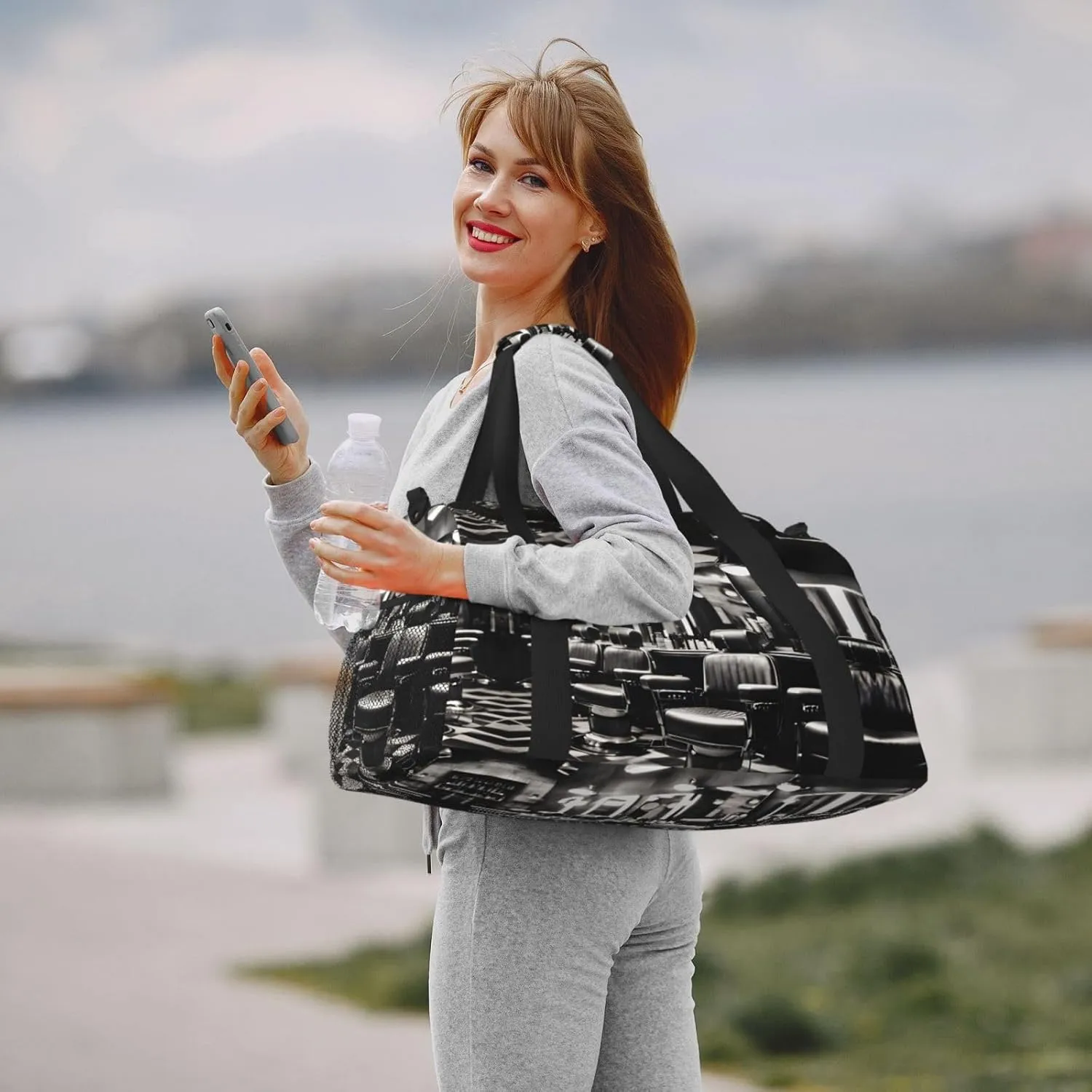 Barber Shop Monochrome Style Travel Duffel Bag With Zippers And Handles, Big Foldable Duffle Bag For Family Vacations