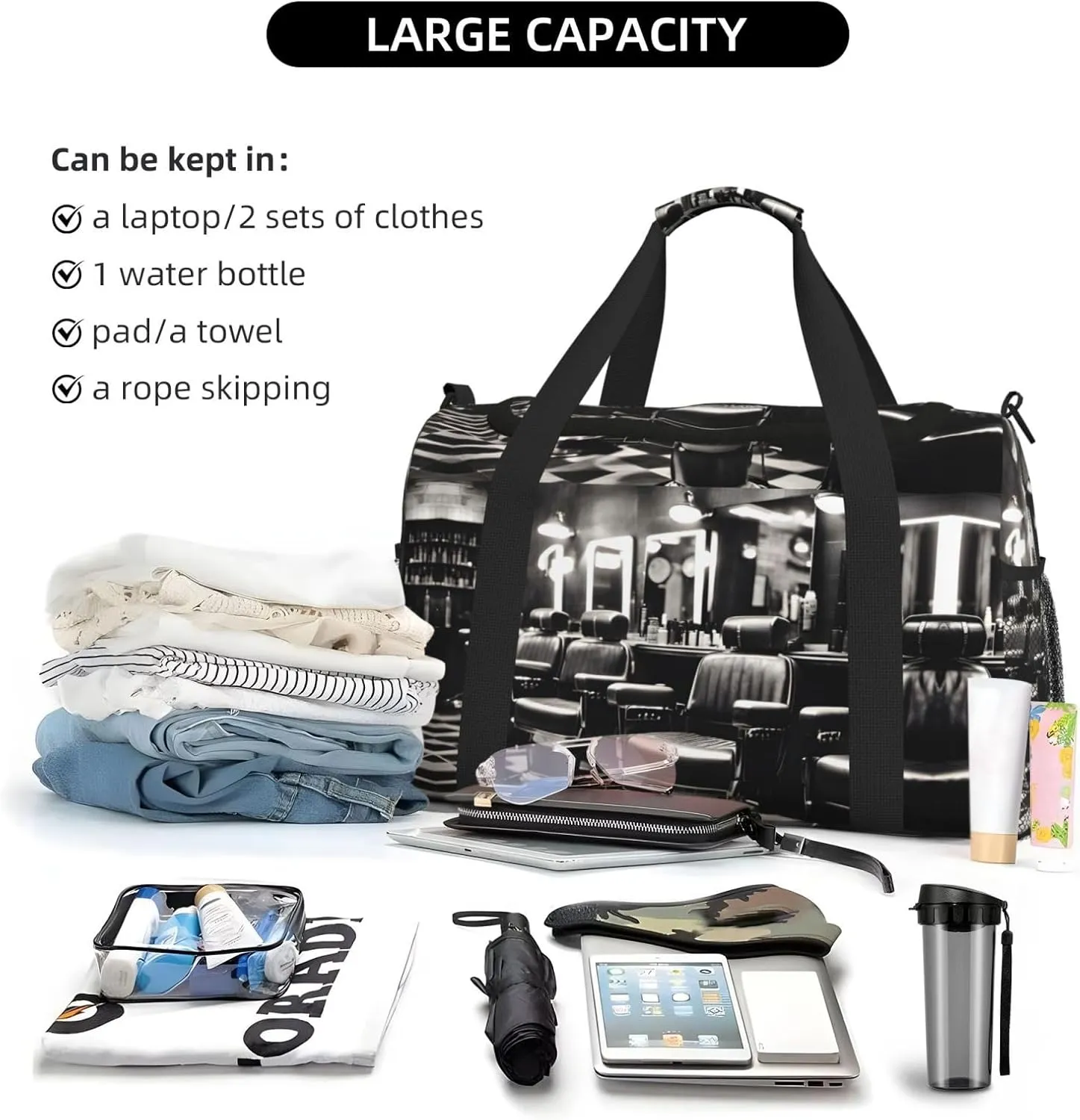 Barber Shop Monochrome Style Travel Duffel Bag With Zippers And Handles, Big Foldable Duffle Bag For Family Vacations