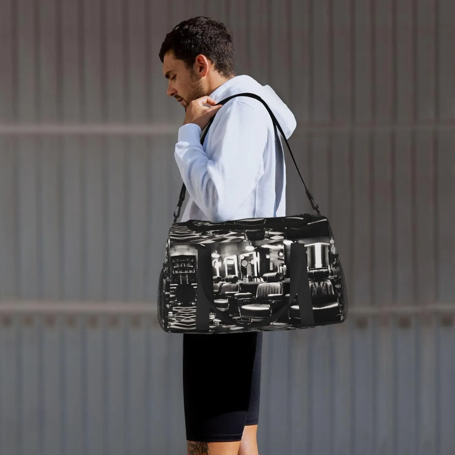 Barber Shop Monochrome Style Travel Duffel Bag With Zippers And Handles, Big Foldable Duffle Bag For Family Vacations