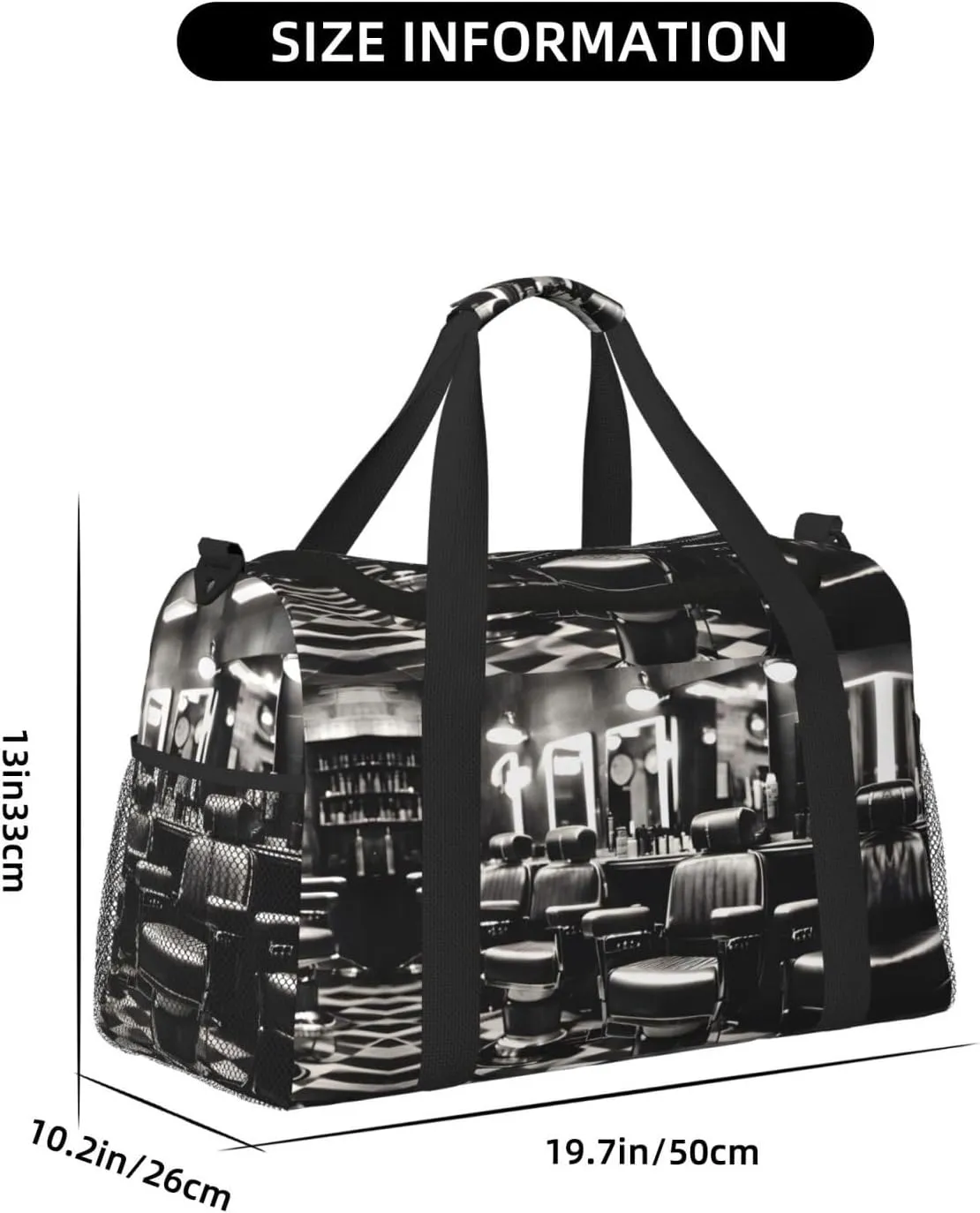 Barber Shop Monochrome Style Travel Duffel Bag With Zippers And Handles, Big Foldable Duffle Bag For Family Vacations