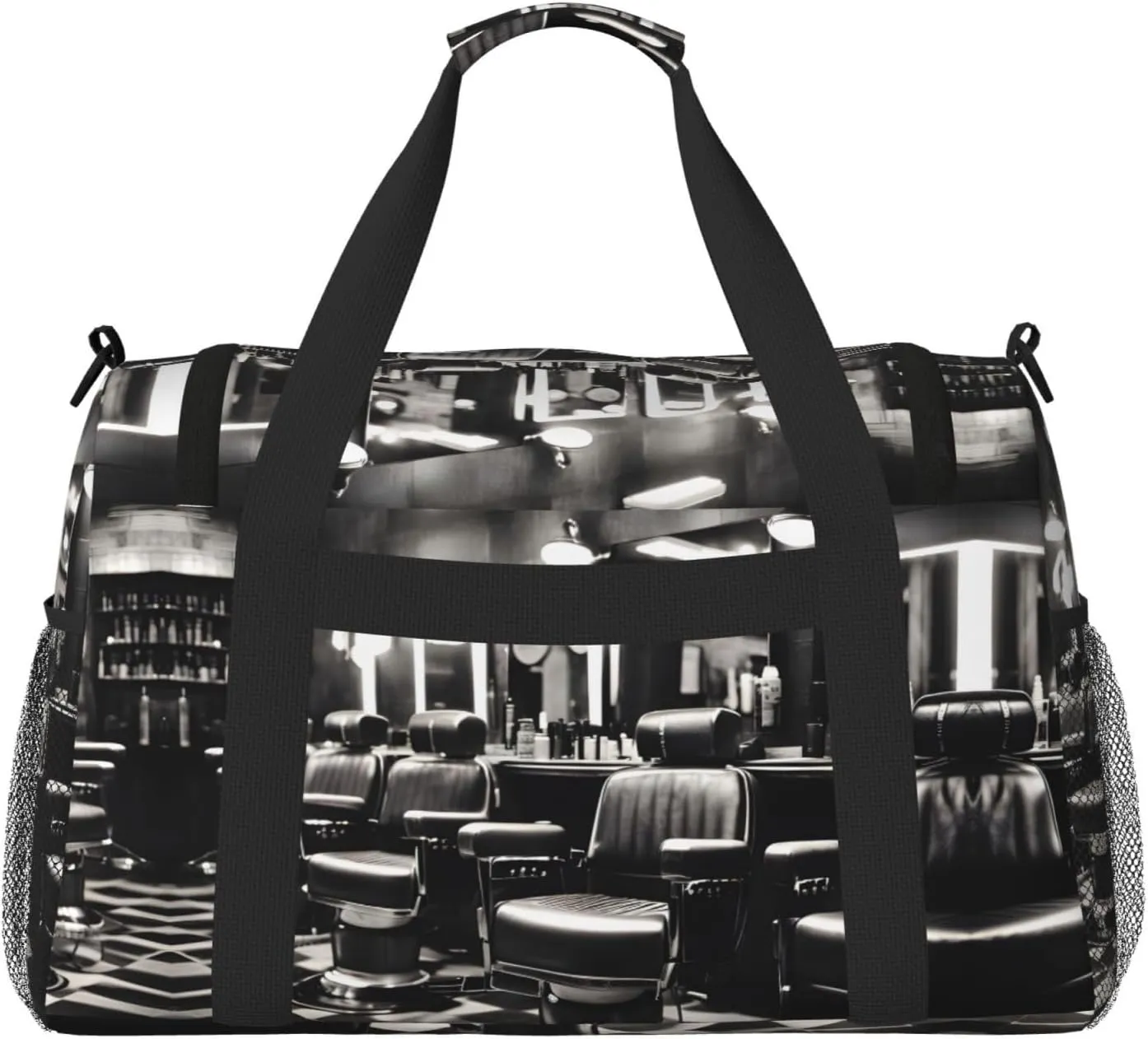 Barber Shop Monochrome Style Travel Duffel Bag With Zippers And Handles, Big Foldable Duffle Bag For Family Vacations