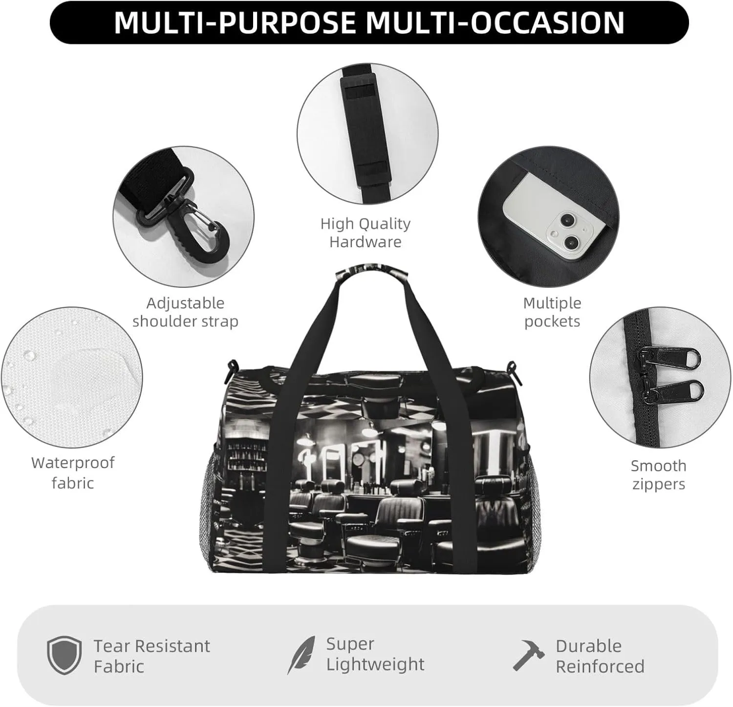 Barber Shop Monochrome Style Travel Duffel Bag With Zippers And Handles, Big Foldable Duffle Bag For Family Vacations