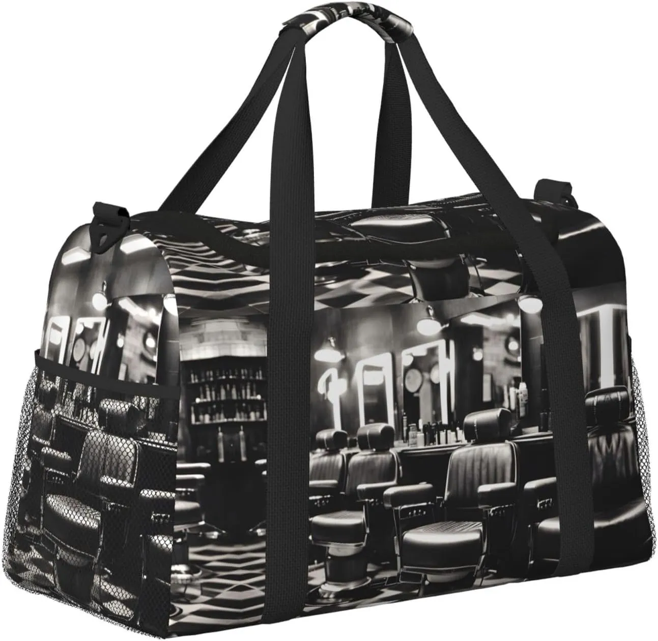 Barber Shop Monochrome Style Travel Duffel Bag With Zippers And Handles, Big Foldable Duffle Bag For Family Vacations