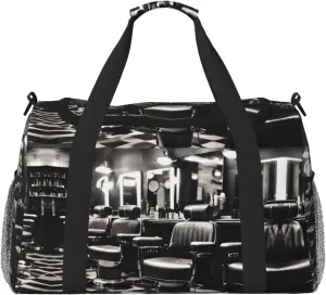 Barber Shop Monochrome Style Travel Duffel Bag With Zippers And Handles, Big Foldable Duffle Bag For Family Vacations