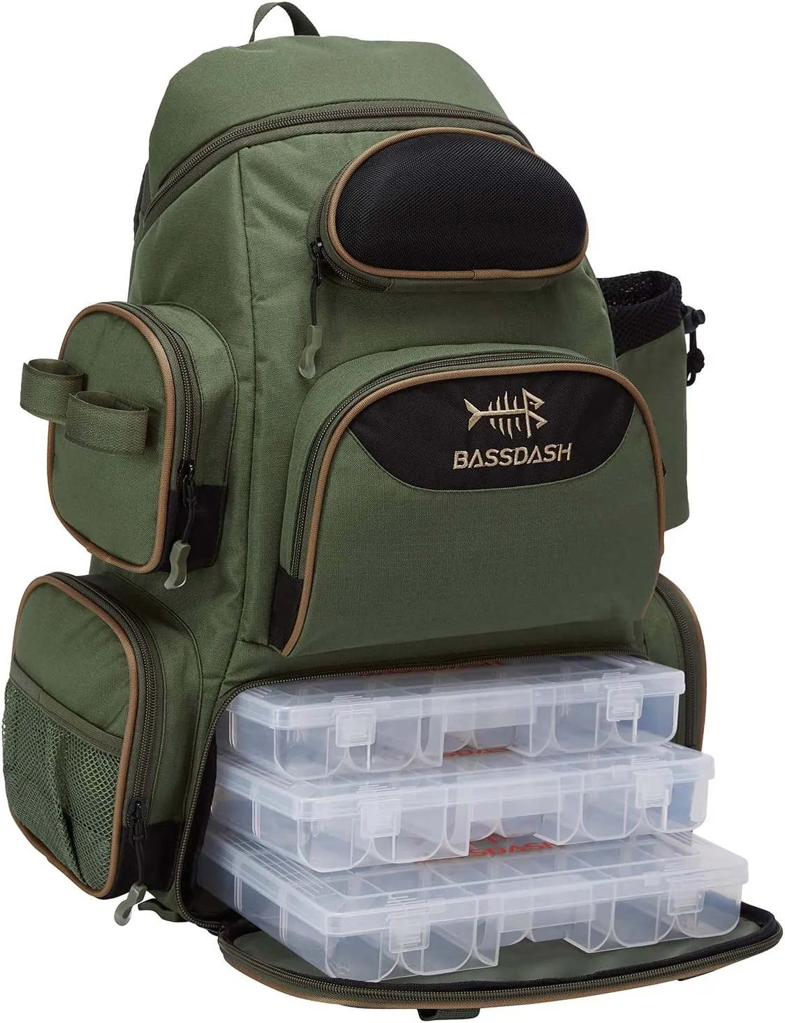 BASSDASH Fishing Tackle Backpack Water Resistant Tactical Bag Soft Tackle Box with Rod Holder and Protective Rain Cover