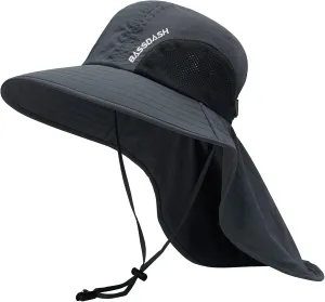 BASSDASH UPF 50  Unisex Water Resistant Wide Brim Sun Hat with Large Neck Flap Ponytail Fishing Hat for Men Women