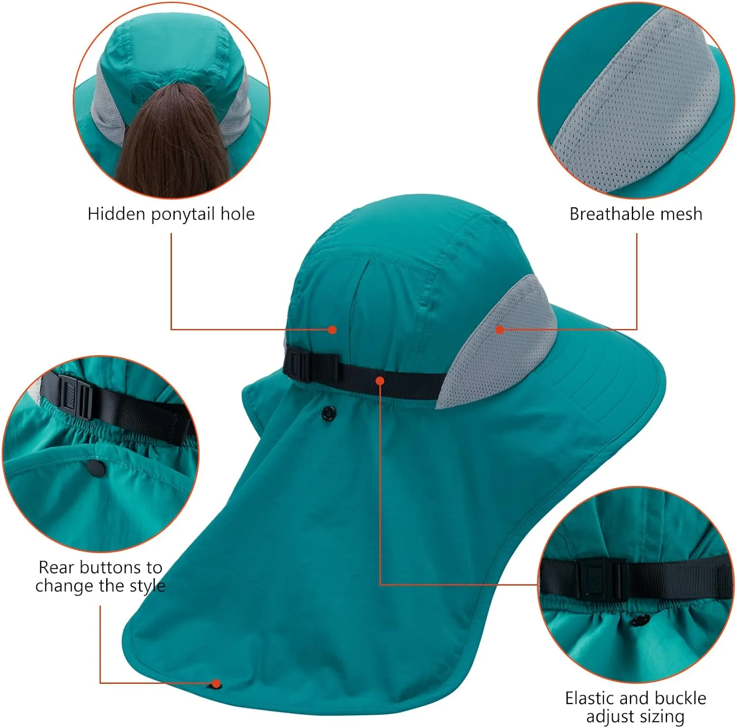BASSDASH UPF 50  Unisex Water Resistant Wide Brim Sun Hat with Large Neck Flap Ponytail Fishing Hat for Men Women
