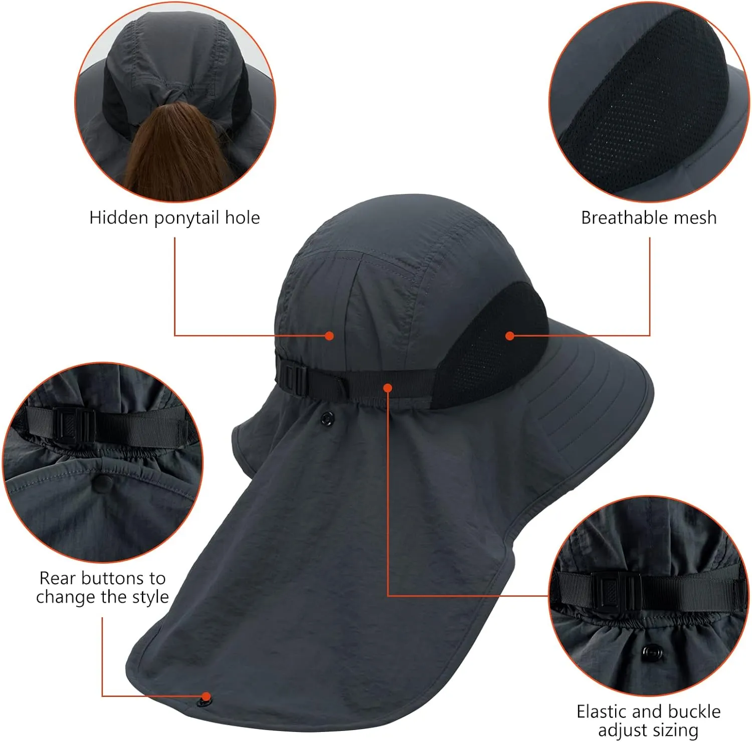 BASSDASH UPF 50  Unisex Water Resistant Wide Brim Sun Hat with Large Neck Flap Ponytail Fishing Hat for Men Women