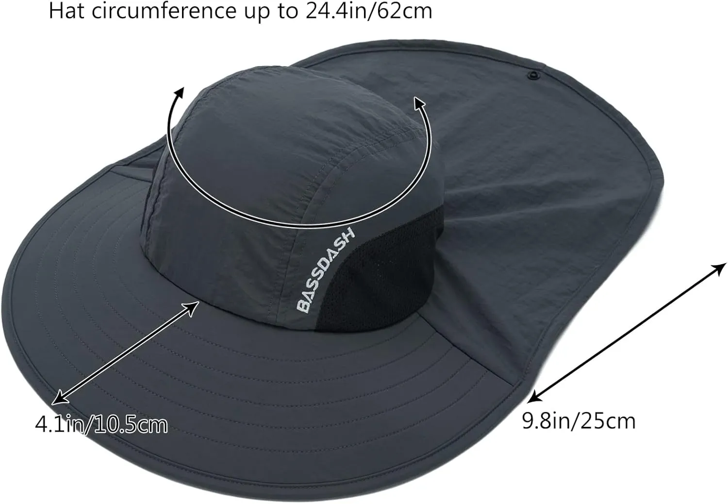BASSDASH UPF 50  Unisex Water Resistant Wide Brim Sun Hat with Large Neck Flap Ponytail Fishing Hat for Men Women
