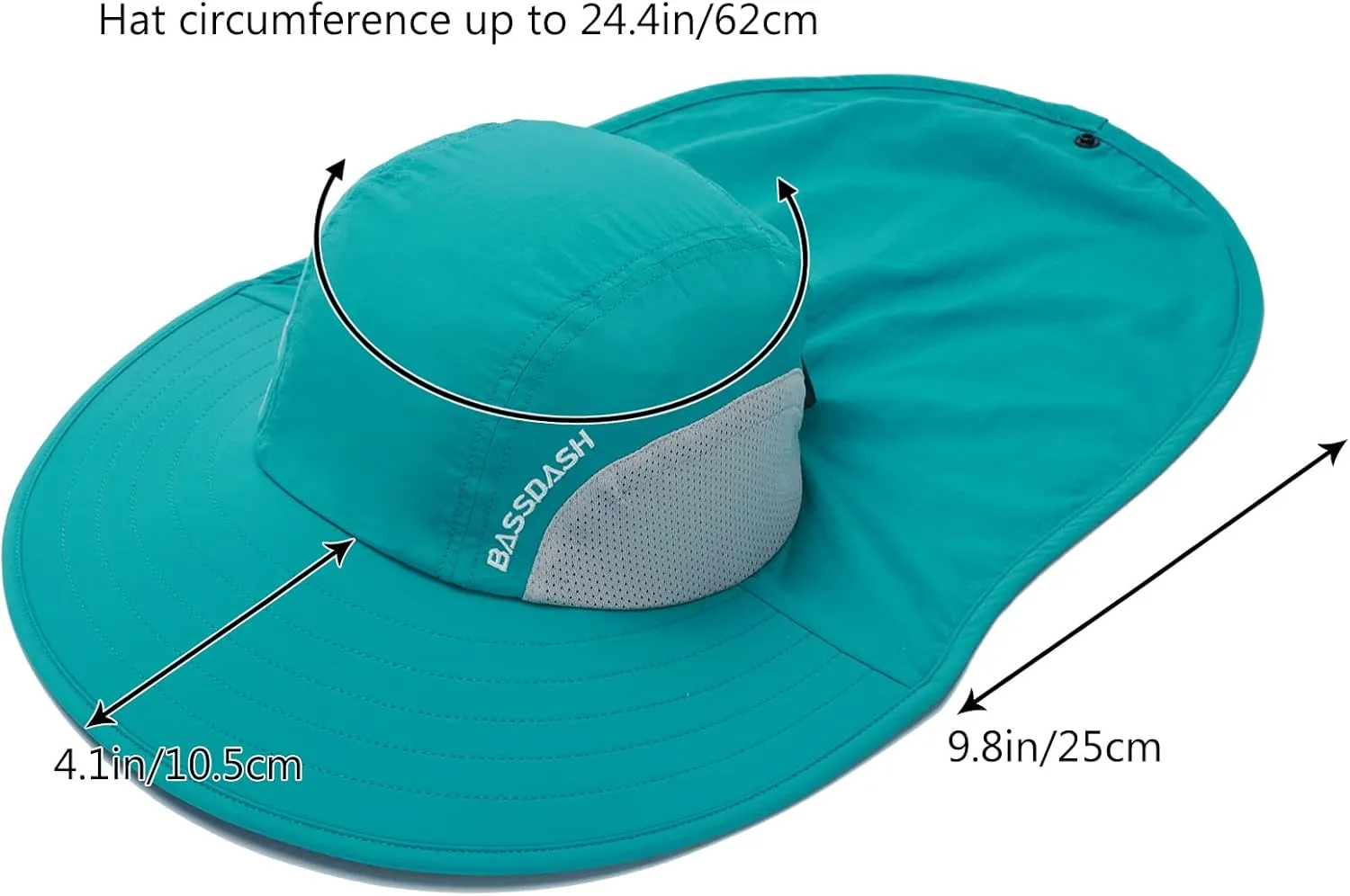 BASSDASH UPF 50  Unisex Water Resistant Wide Brim Sun Hat with Large Neck Flap Ponytail Fishing Hat for Men Women