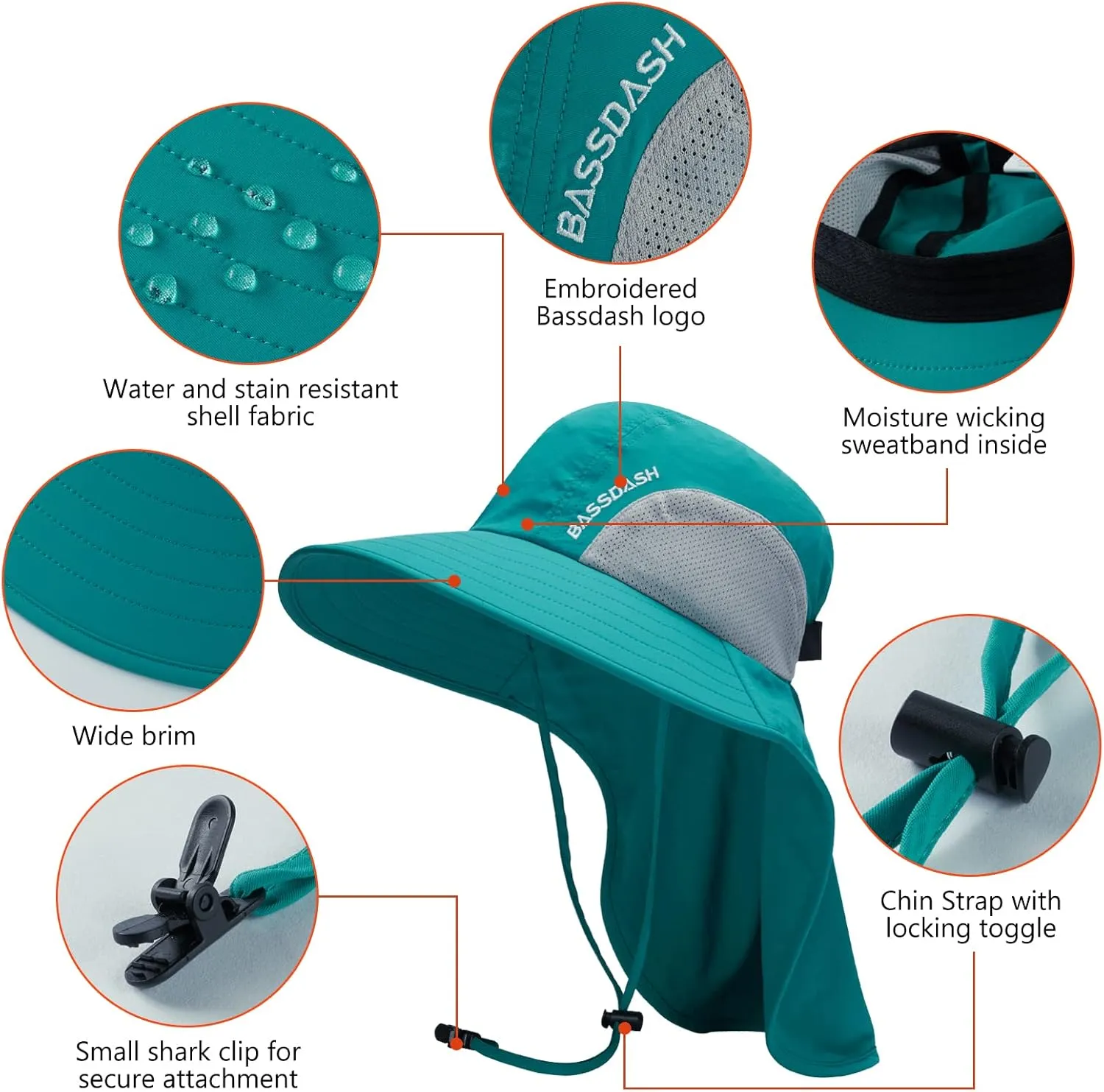 BASSDASH UPF 50  Unisex Water Resistant Wide Brim Sun Hat with Large Neck Flap Ponytail Fishing Hat for Men Women