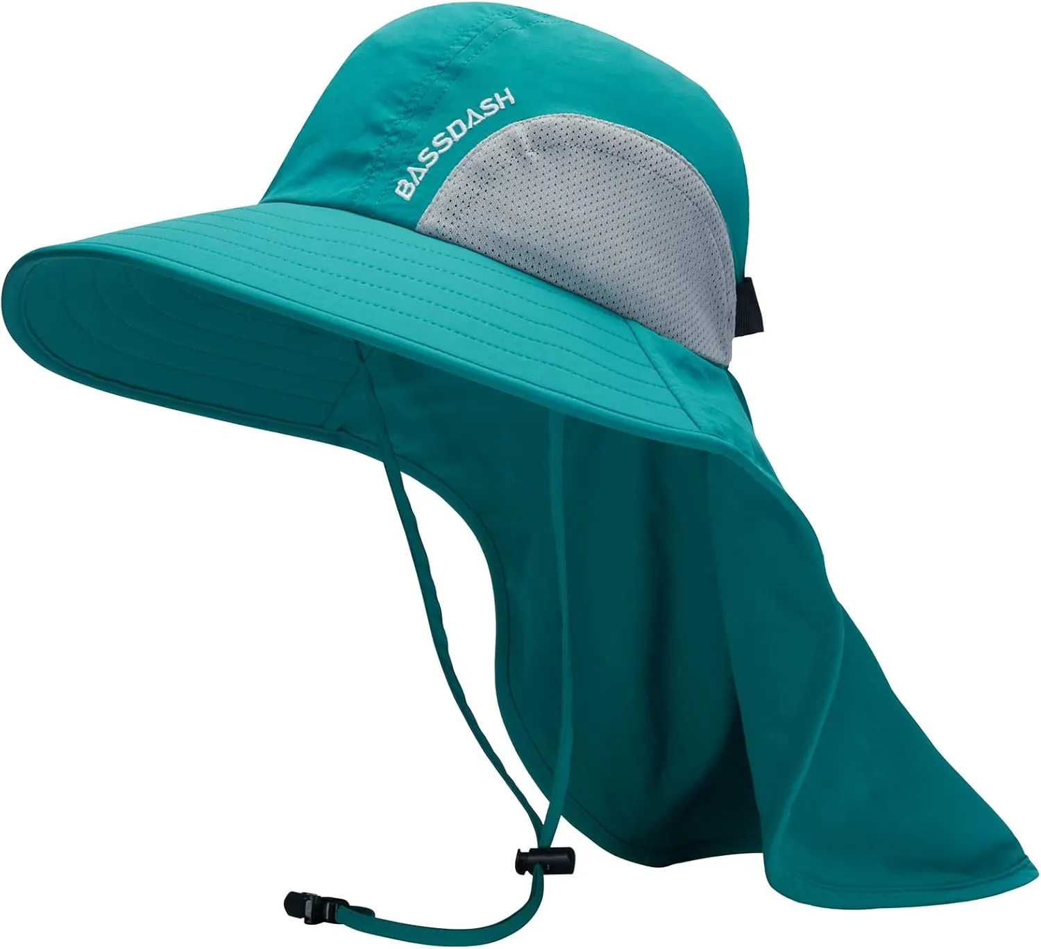BASSDASH UPF 50  Unisex Water Resistant Wide Brim Sun Hat with Large Neck Flap Ponytail Fishing Hat for Men Women