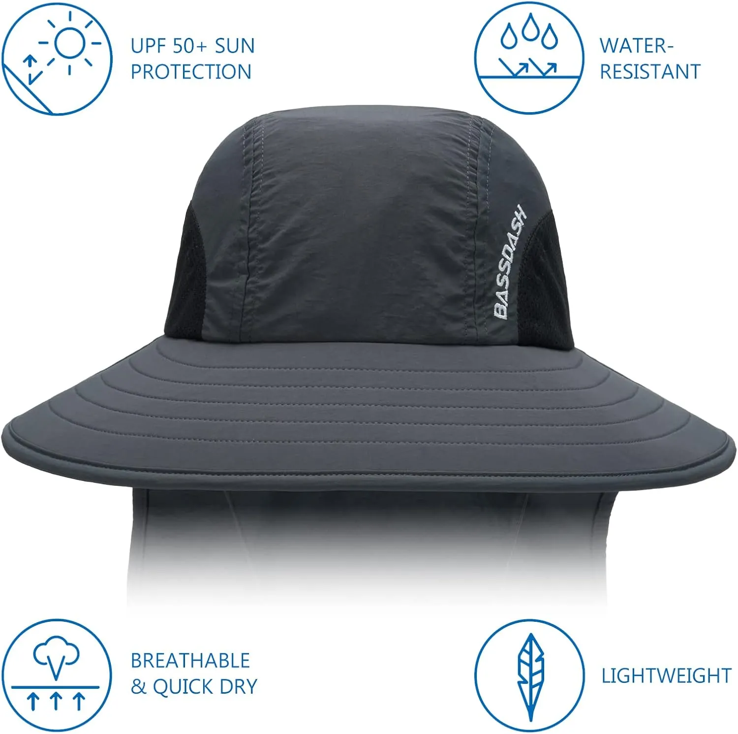 BASSDASH UPF 50  Unisex Water Resistant Wide Brim Sun Hat with Large Neck Flap Ponytail Fishing Hat for Men Women