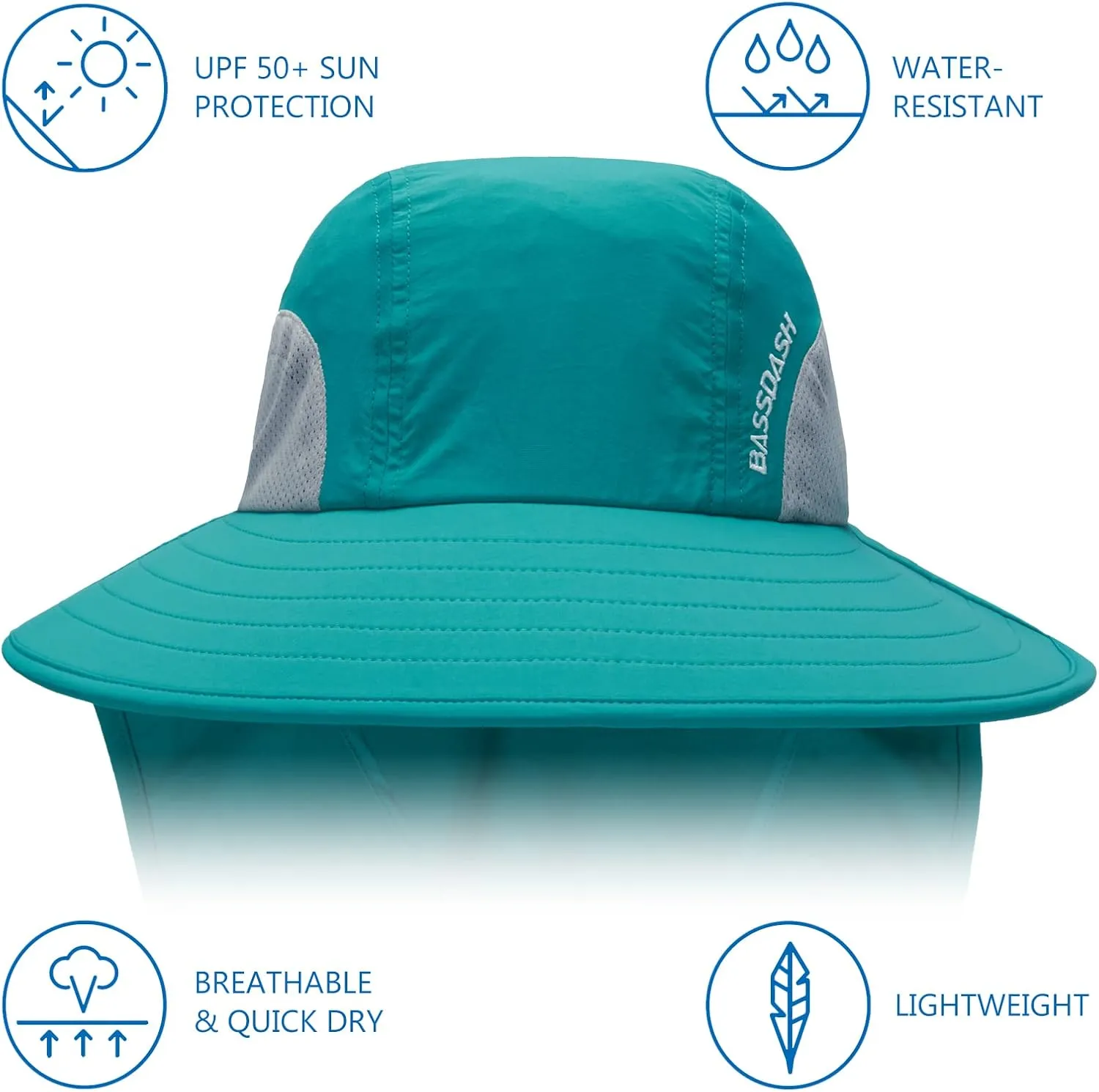 BASSDASH UPF 50  Unisex Water Resistant Wide Brim Sun Hat with Large Neck Flap Ponytail Fishing Hat for Men Women