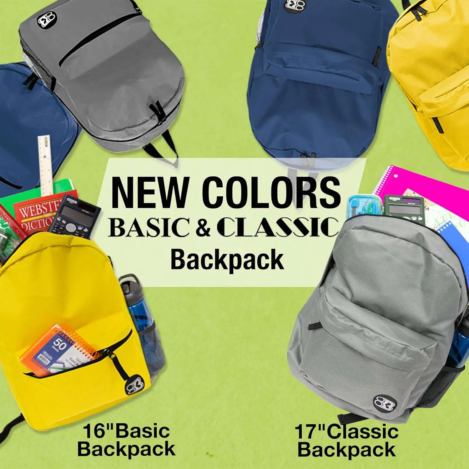 BAZIC School Backpack 16" Gray, Lightweight School Bag Padded Back & Adjustable Strap for Students, Travel Bag Fit A4 Notebook, 12-Pack