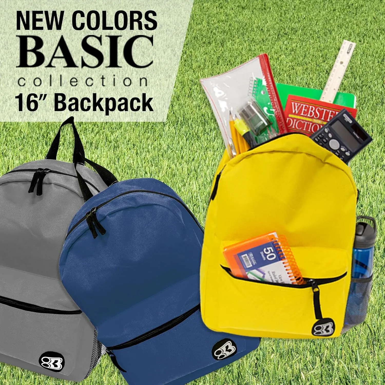 BAZIC School Backpack 16" Gray, Lightweight School Bag Padded Back & Adjustable Strap for Students, Travel Bag Fit A4 Notebook, 12-Pack