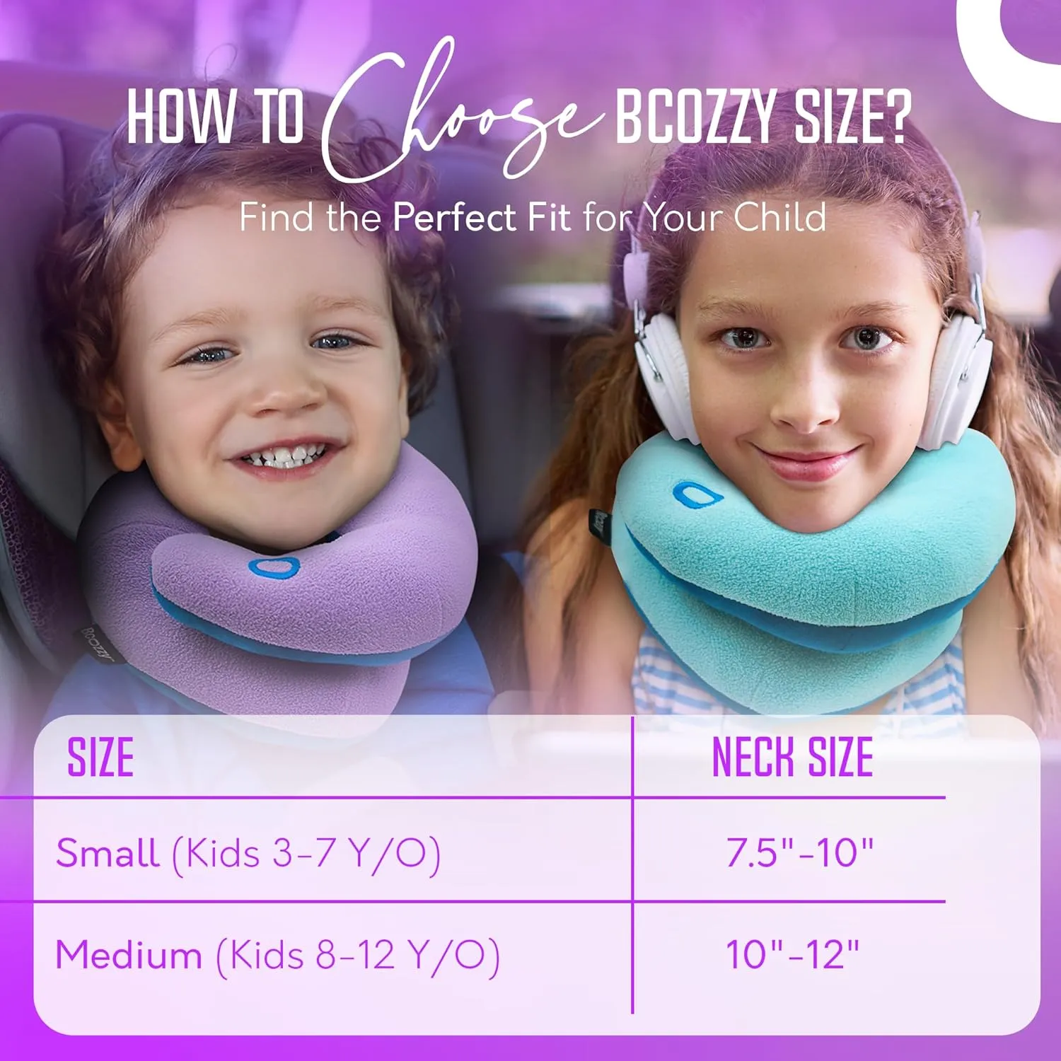 BCOZZY Kids Travel Neck Pillow (8-12 Y/O)– Patented Soft Child Pillow for Head & Chin Support in Car, Airplane, and Road Trip Sleeping. Adjustable Size. Carry Bag. Fully Washable. Medium, Light Purple