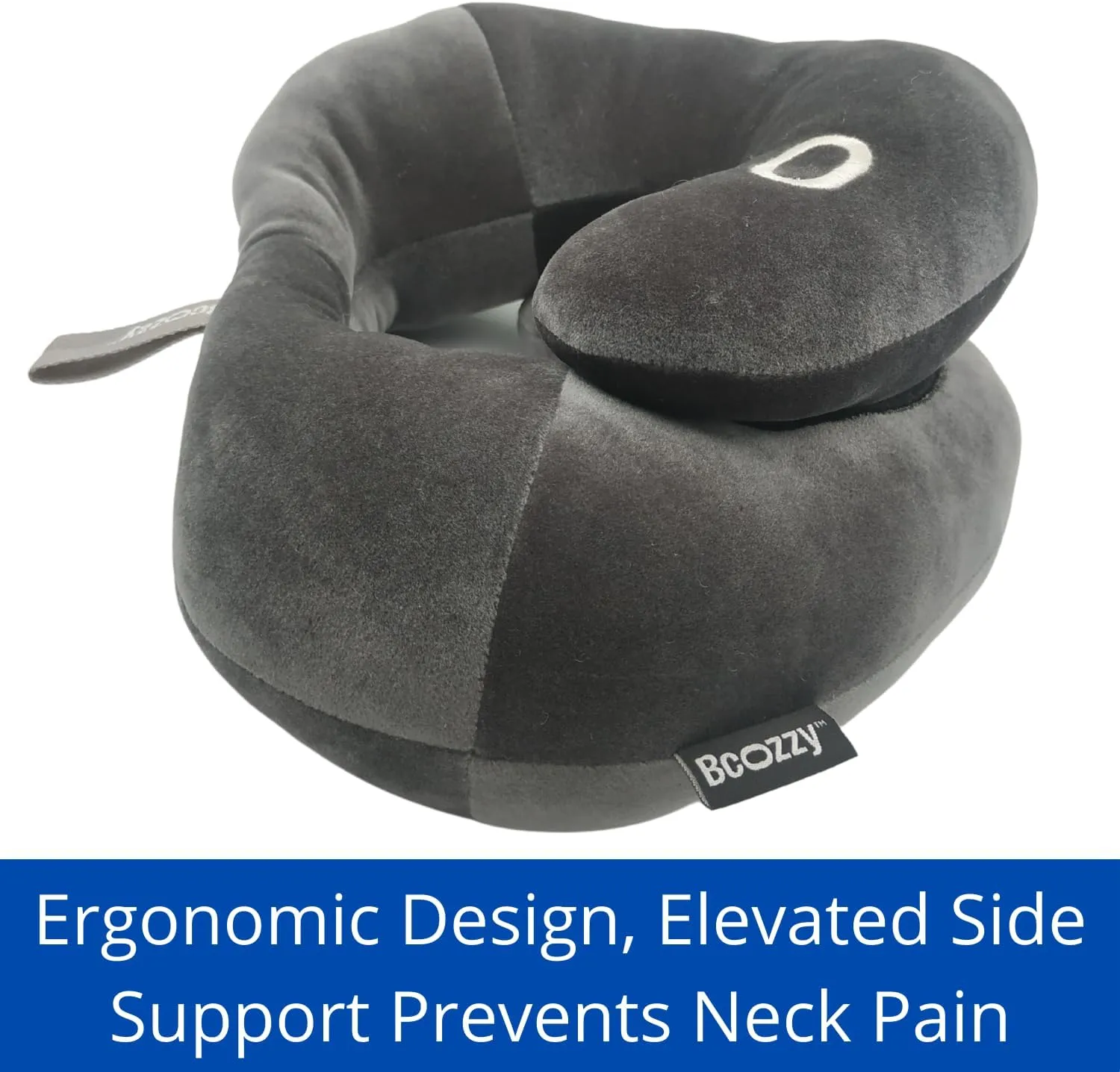 BCOZZY Travel Neck Pillow for Airplane – Patented Flat-Back Design with Ultra-Soft Velour – Adjustable Head, Neck & Chin Support – Best for Long Flights, Plane Sleeping – Washable – Large, Navy