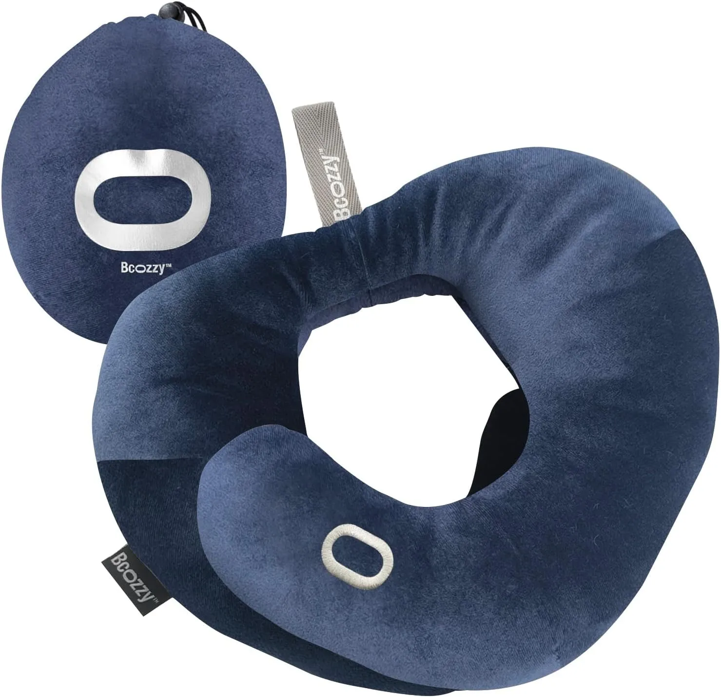 BCOZZY Travel Neck Pillow for Airplane – Patented Flat-Back Design with Ultra-Soft Velour – Adjustable Head, Neck & Chin Support – Best for Long Flights, Plane Sleeping – Washable – Large, Navy