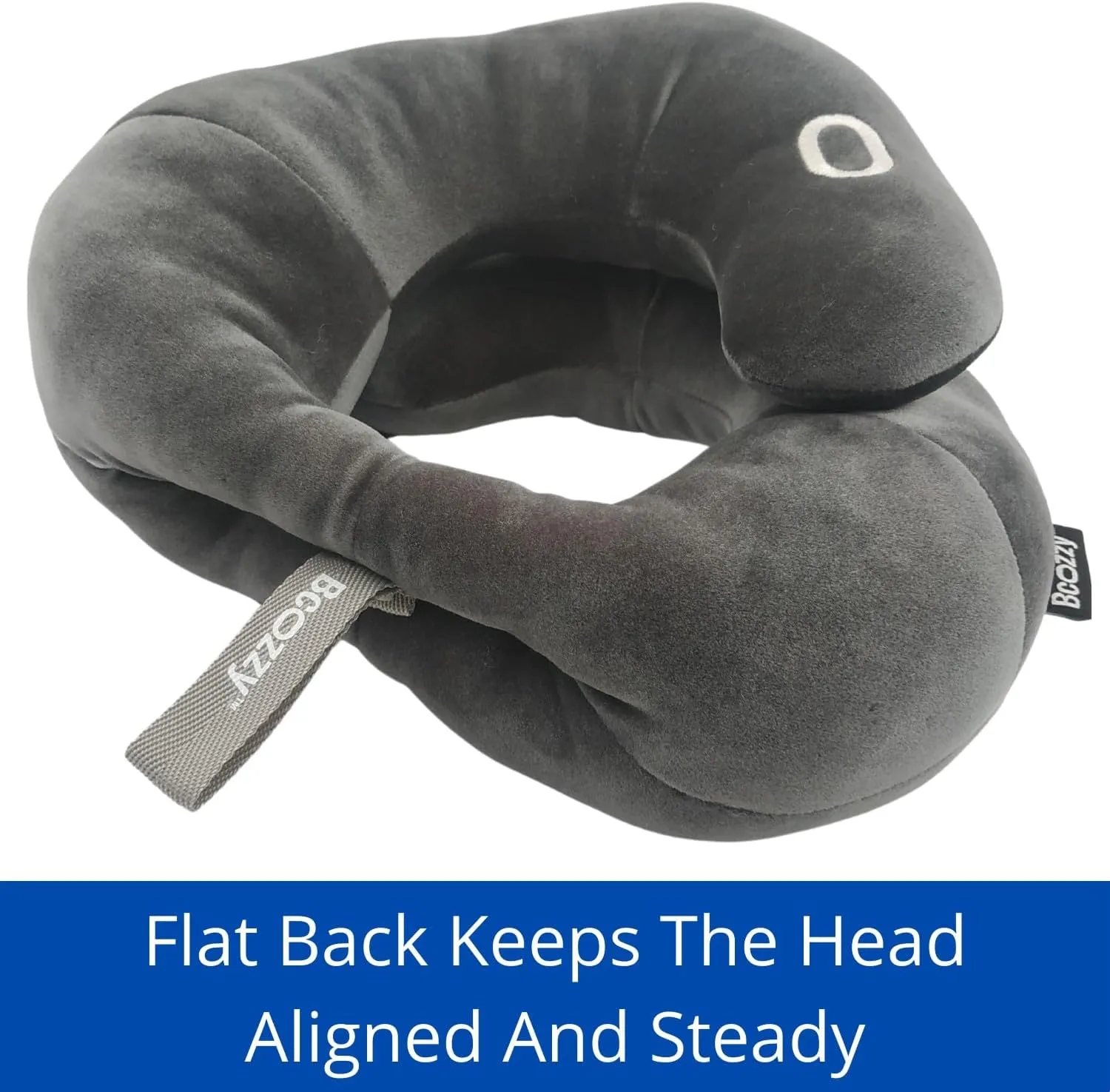 BCOZZY Travel Neck Pillow for Airplane – Patented Flat-Back Design with Ultra-Soft Velour – Adjustable Head, Neck & Chin Support – Best for Long Flights, Plane Sleeping – Washable – Large, Navy