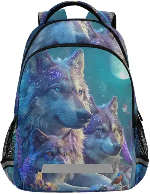 Beautiful Wolf Sit Moon Bird Backpack for Boys Girls Elementary School Bag Kids Travel Bags Casual Rucksack Laptop Bookbag
