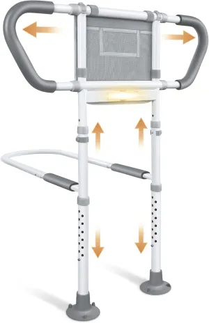 Bed Rails for Elderly Adults Safety: Adjustable Bedside Assist Rails with Storage Pockets, Non-Slip Handles, Sensor Night Light, 400LB Gravity Capacity