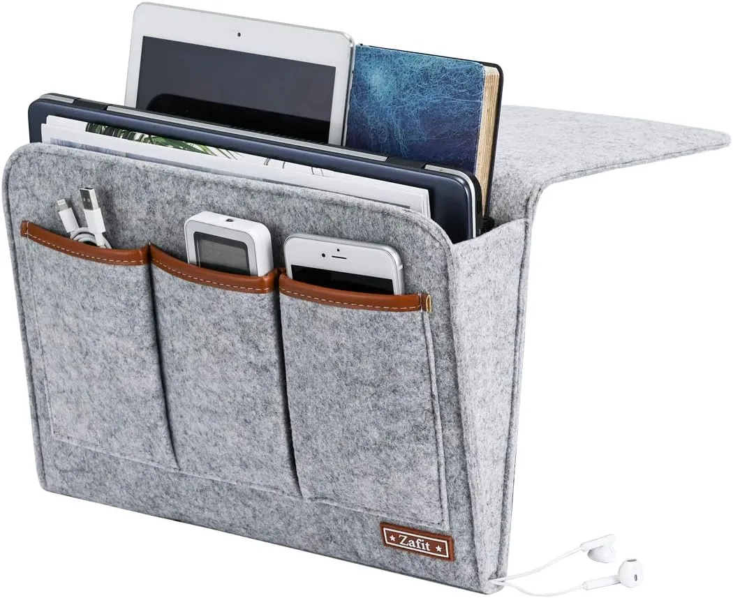 Bedside Caddy, 6 Pockets Large Size Bedside Storage Organizer Bedside Organizer Caddy for Magazine Remotes Phone (13.4'' x 18.1'', Light Grey)