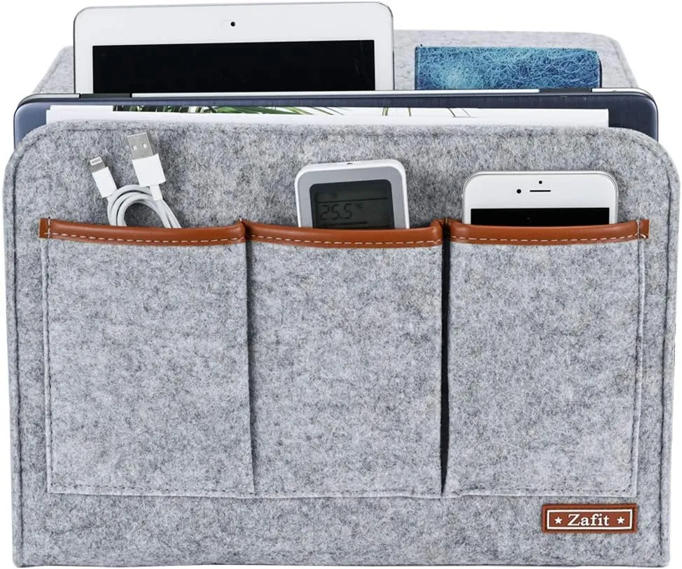 Bedside Caddy, 6 Pockets Large Size Bedside Storage Organizer Bedside Organizer Caddy for Magazine Remotes Phone (13.4'' x 18.1'', Light Grey)