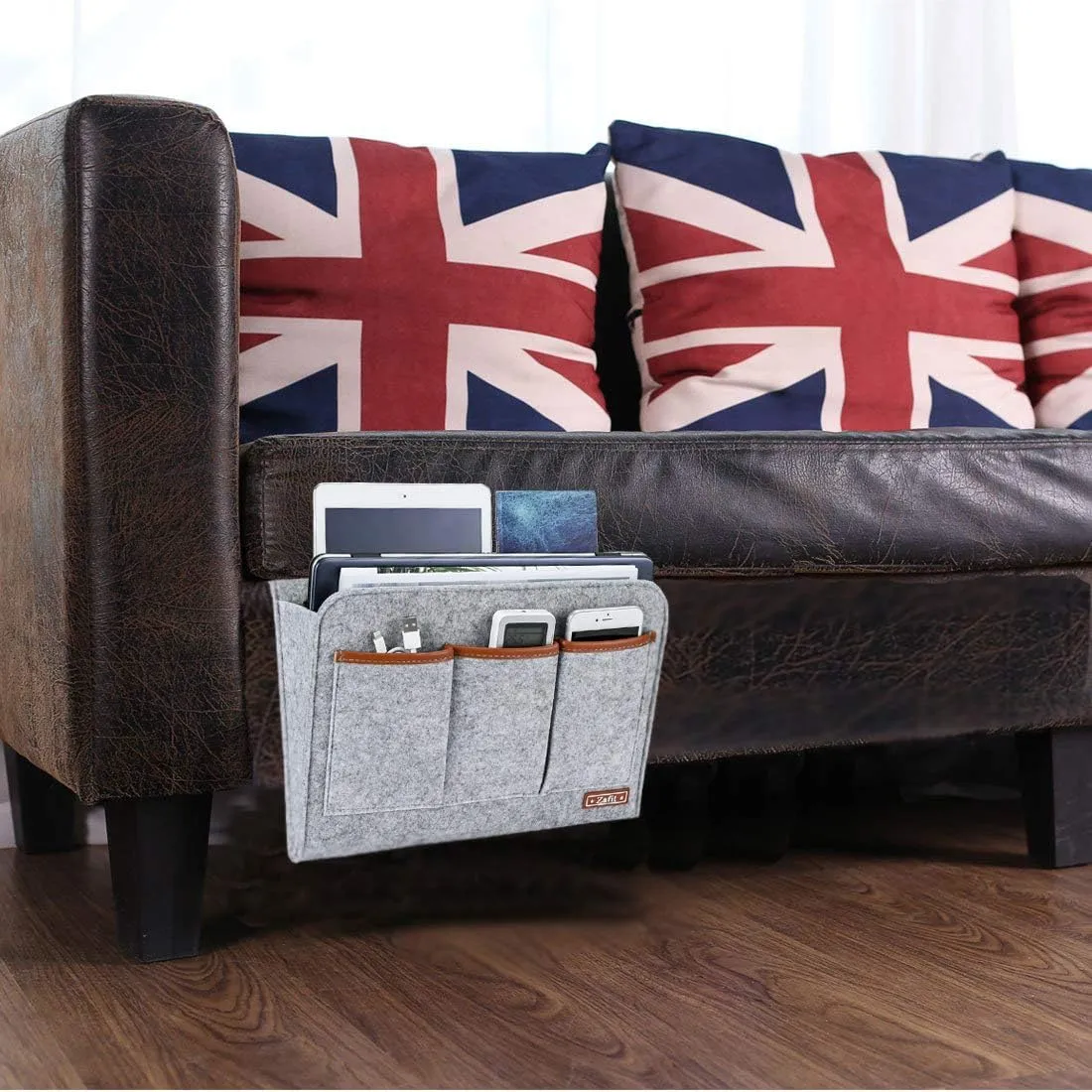 Bedside Caddy, 6 Pockets Large Size Bedside Storage Organizer Bedside Organizer Caddy for Magazine Remotes Phone (13.4'' x 18.1'', Light Grey)