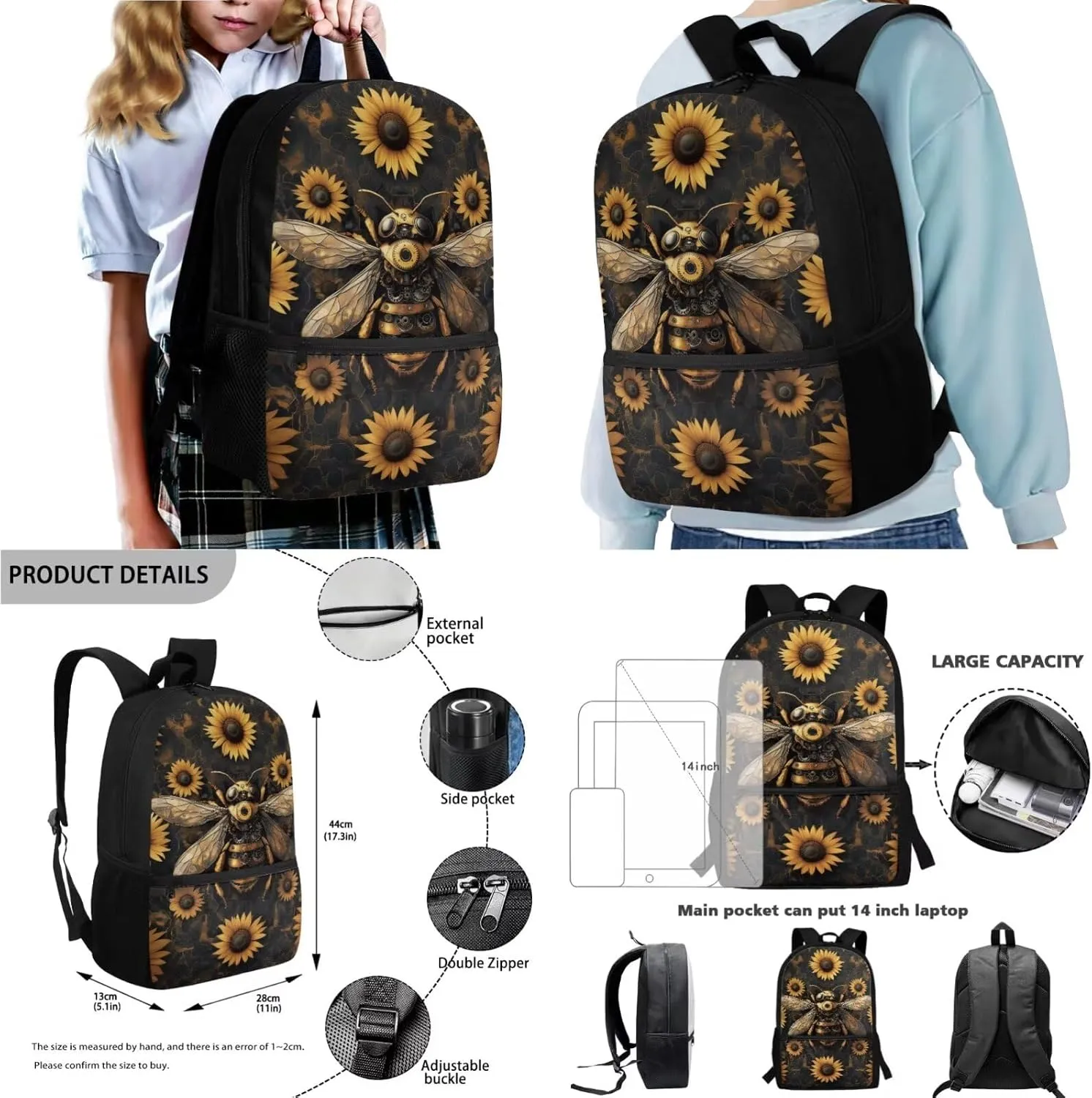Bee Sunflower Printed Backpacks for School Boys, Large Capacity Bookbag with Lunch Box Water Bottle Sleeve Pencil Case 4 In 1 Elementary School Bag Set, Back to School Daycare Bags Satchel