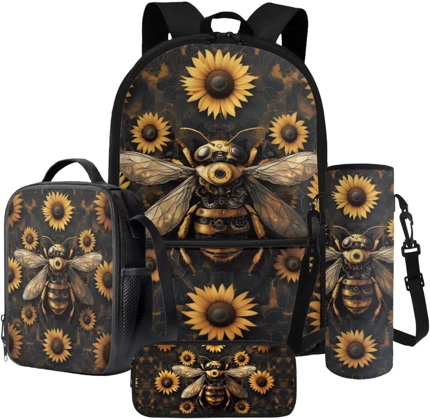 Bee Sunflower Printed Backpacks for School Boys, Large Capacity Bookbag with Lunch Box Water Bottle Sleeve Pencil Case 4 In 1 Elementary School Bag Set, Back to School Daycare Bags Satchel