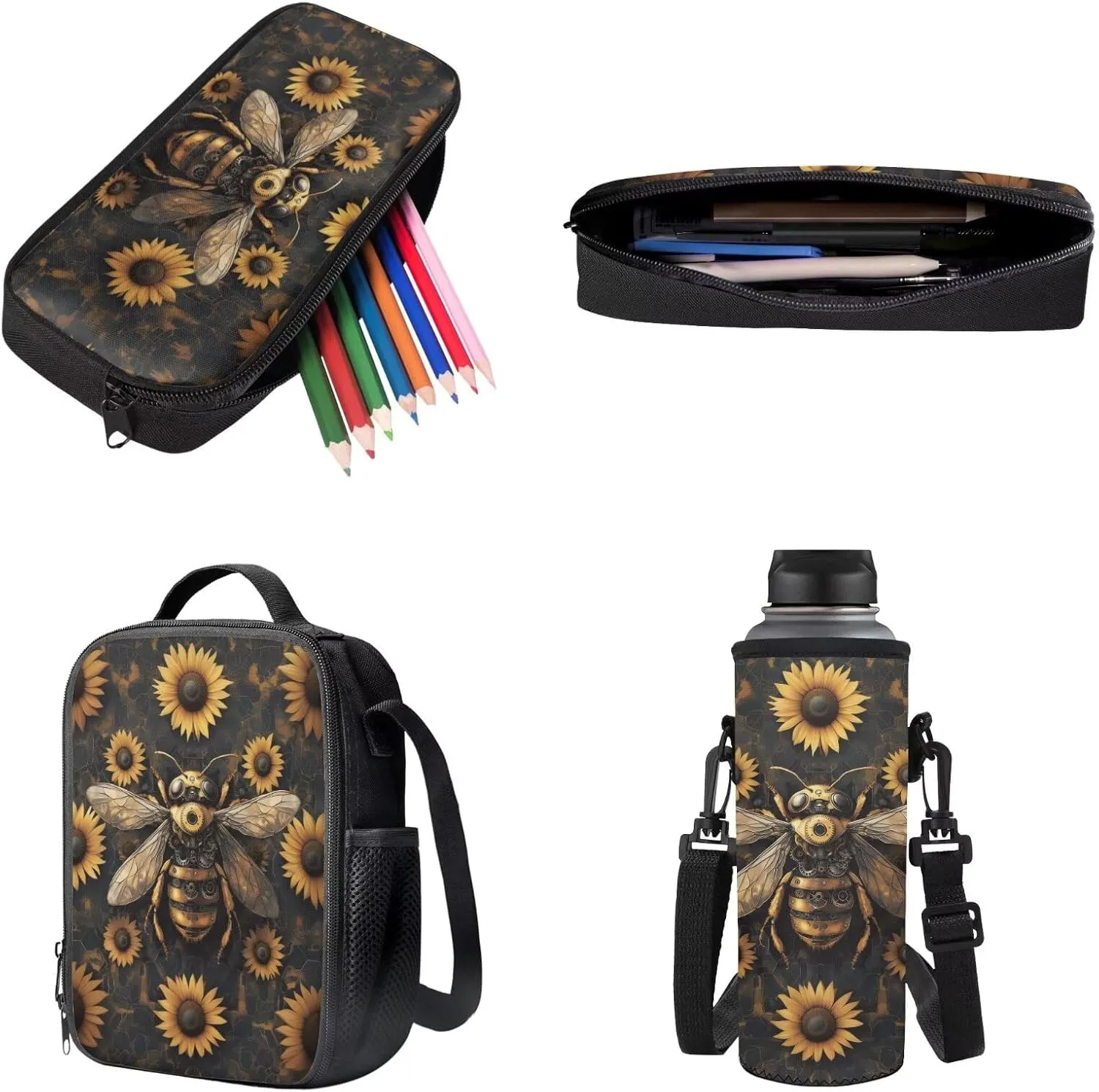 Bee Sunflower Printed Backpacks for School Boys, Large Capacity Bookbag with Lunch Box Water Bottle Sleeve Pencil Case 4 In 1 Elementary School Bag Set, Back to School Daycare Bags Satchel