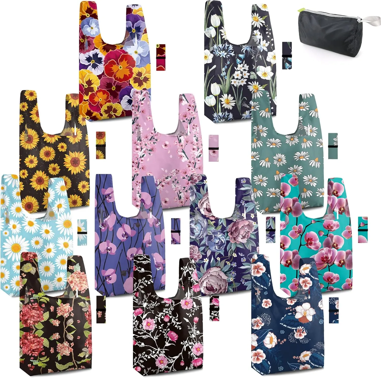 BeeGreen Flower Tote Bag Large Reusable Grocery Bags Foldable Shopping Bags 12 Pack Heavy Duty Tote Bag Cute Gifts Cloth Bags With Handles Groceries Bags with Handles Lightweight