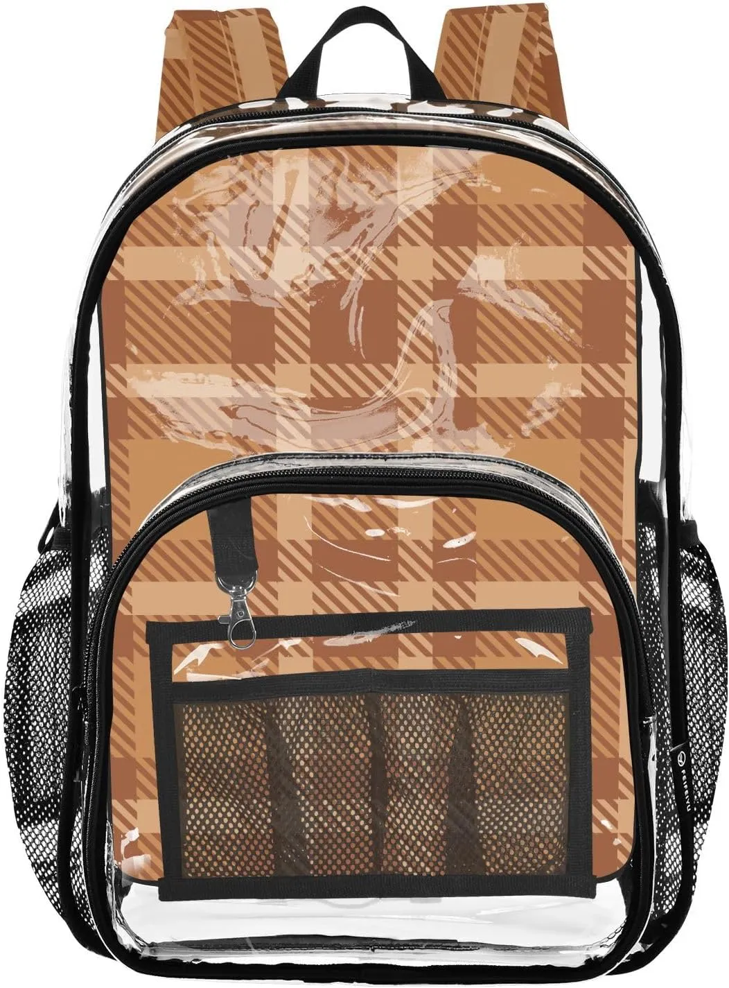 Beige Glen Clear Backpack Plaid PVC Transparent Backpack with Reinforced Straps for Women Men ，12L Large See Through Bookbag for School Work Sport Travel