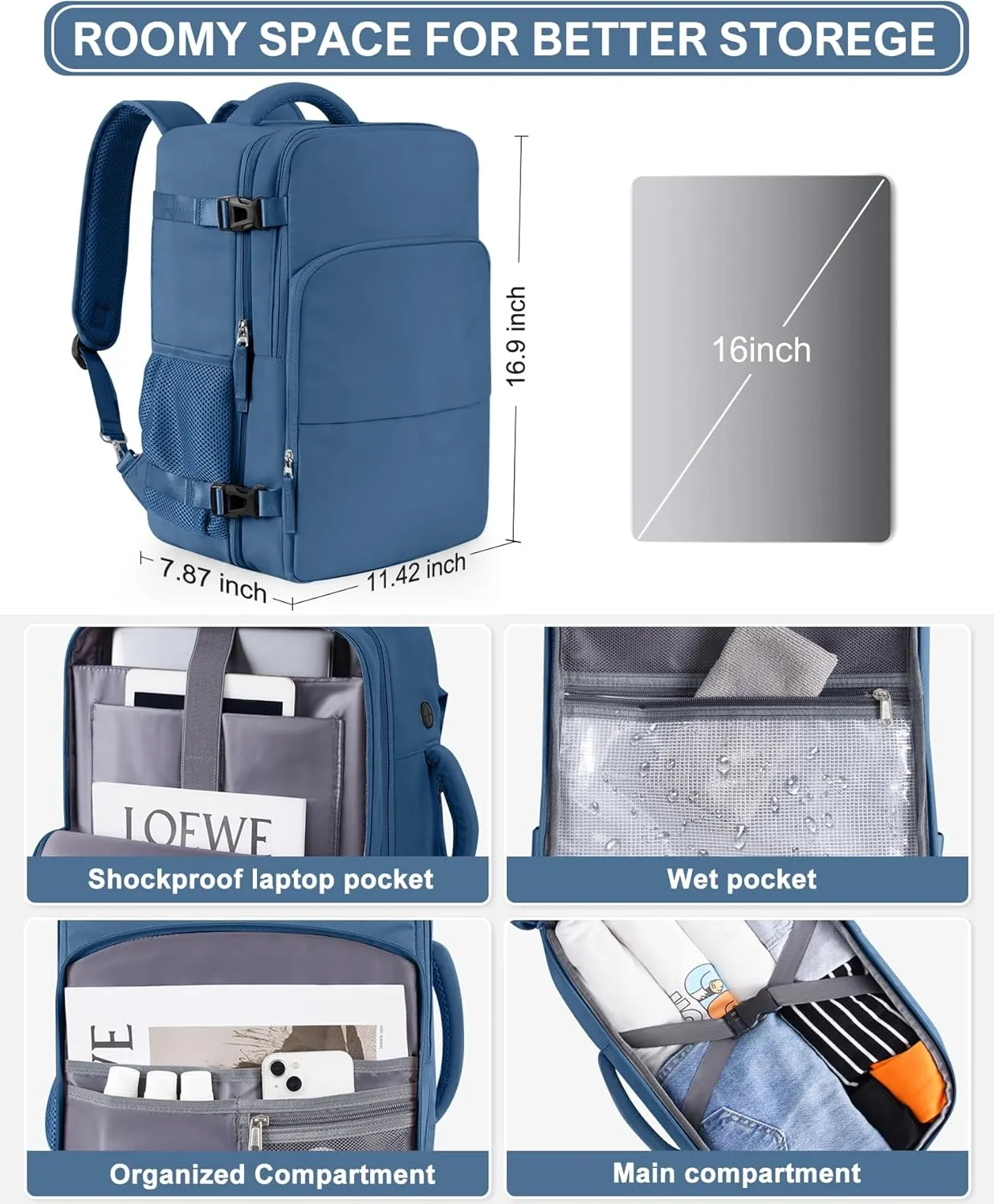 Beraliy Travel Backpack, Carry On Luggage, Personal Item Bag for Airlines, Lightweight Hiking Backpack, Laptop Backpack, College Work Gym Weekender Bag Men Women,Dark Blue