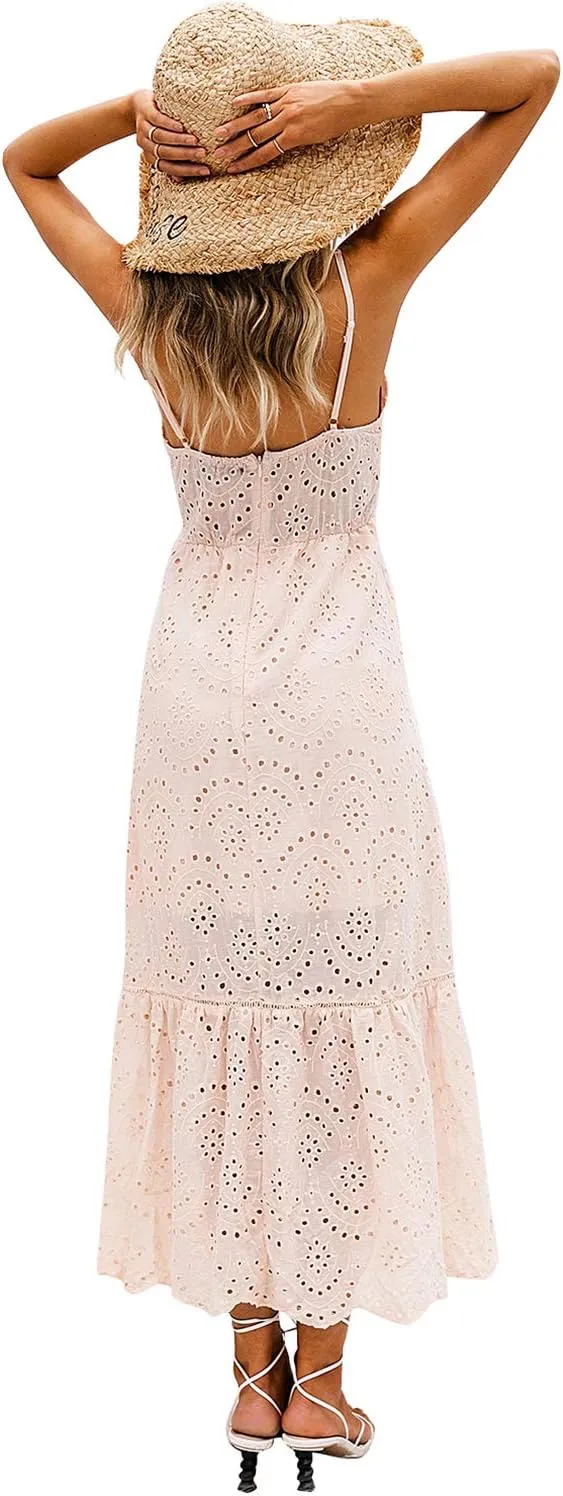BerryGo Women's Embroidery Pearl Button Down Dress V Neck Spaghetti Strap Maxi Dress