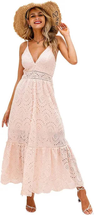 BerryGo Women's Embroidery Pearl Button Down Dress V Neck Spaghetti Strap Maxi Dress