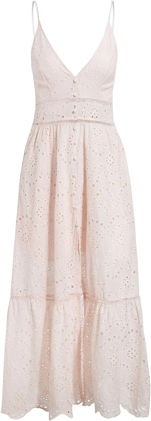 BerryGo Women's Embroidery Pearl Button Down Dress V Neck Spaghetti Strap Maxi Dress