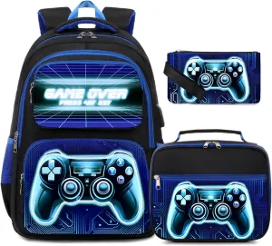 Bevalsa Backpack for Boys, School Bags for Kids, Bookbag for Boys Girls Children Teens Backpacks for Elementary Middle High school Student, Bookbag and Lunch Bag Set with USB Charging Port (Blue)