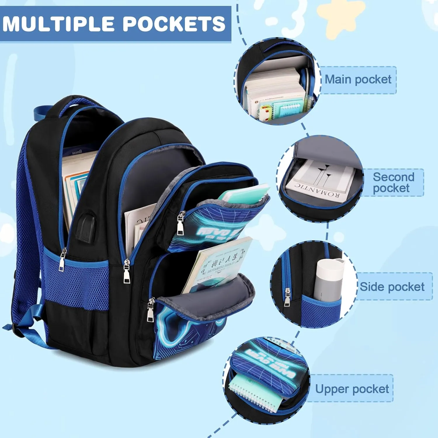 Bevalsa Backpack for Boys, School Bags for Kids, Bookbag for Boys Girls Children Teens Backpacks for Elementary Middle High school Student, Bookbag and Lunch Bag Set with USB Charging Port (Blue)