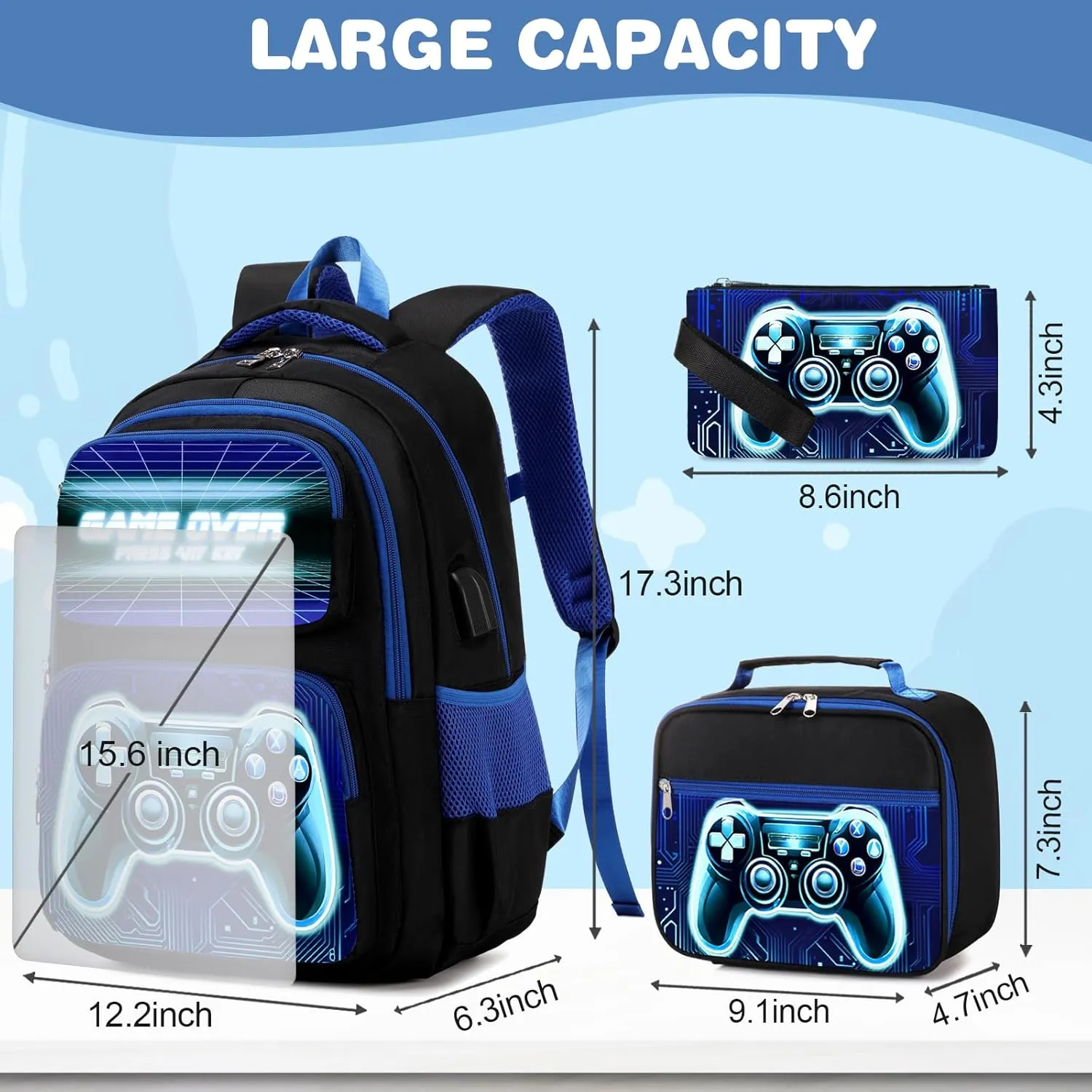 Bevalsa Backpack for Boys, School Bags for Kids, Bookbag for Boys Girls Children Teens Backpacks for Elementary Middle High school Student, Bookbag and Lunch Bag Set with USB Charging Port (Blue)