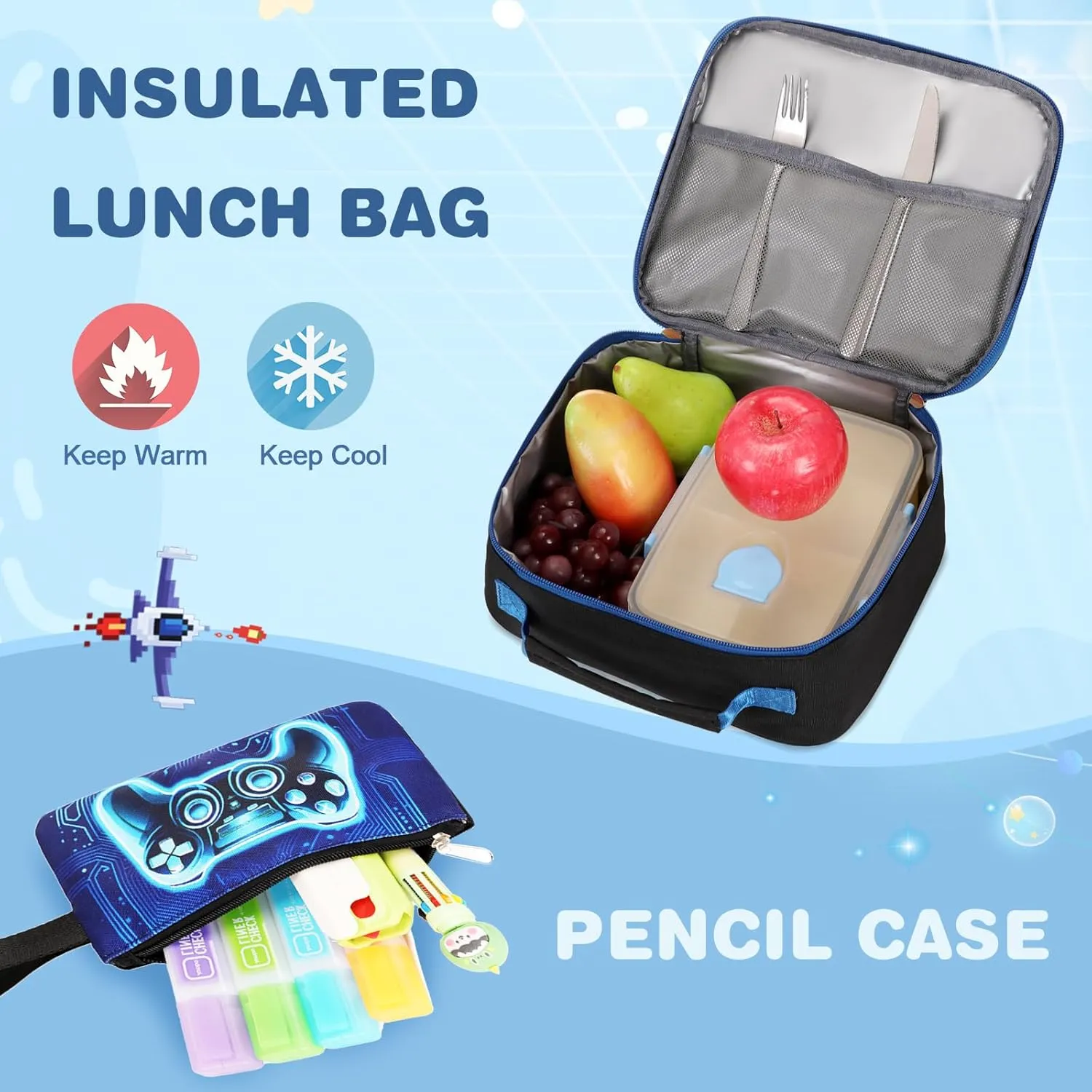 Bevalsa Backpack for Boys, School Bags for Kids, Bookbag for Boys Girls Children Teens Backpacks for Elementary Middle High school Student, Bookbag and Lunch Bag Set with USB Charging Port (Blue)