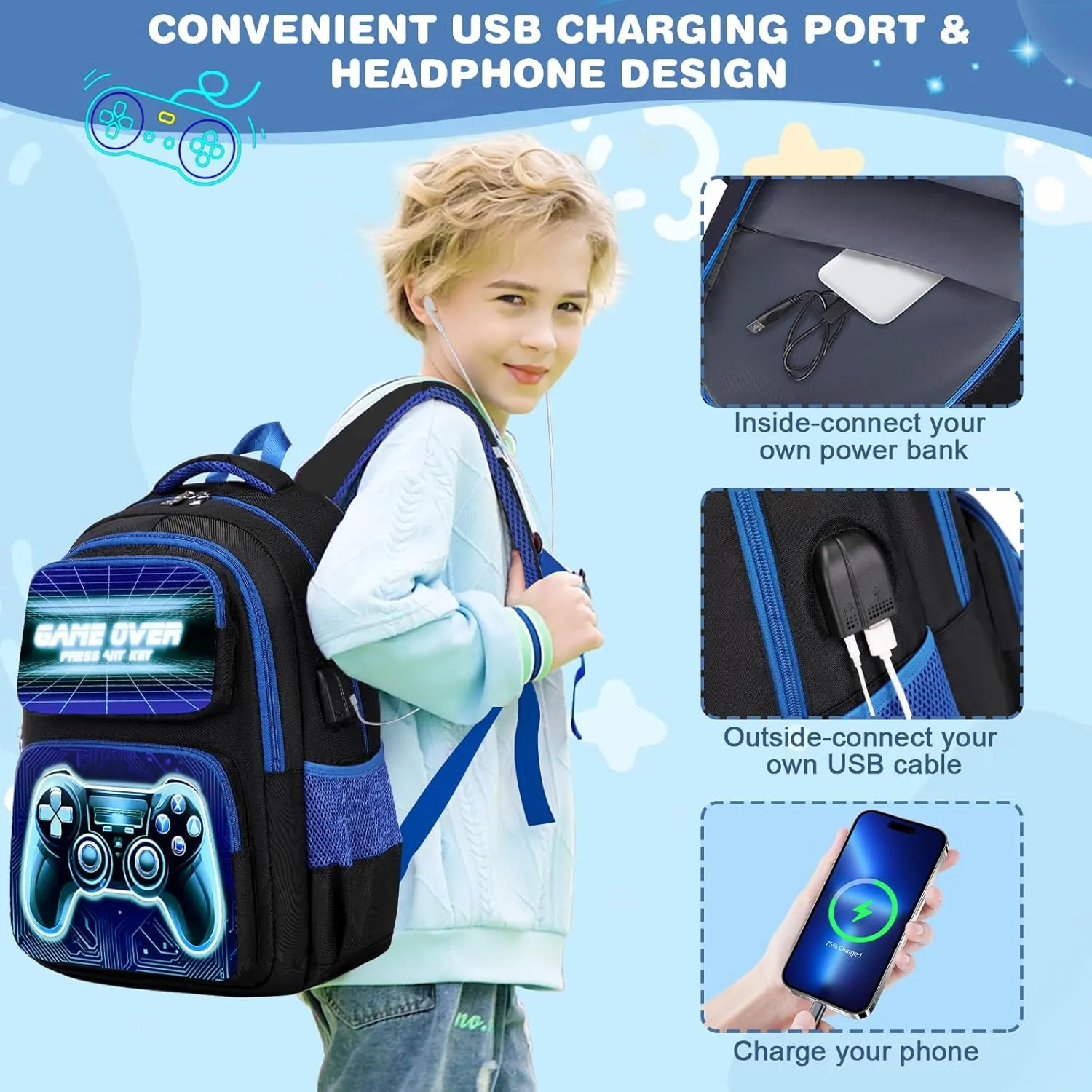 Bevalsa Backpack for Boys, School Bags for Kids, Bookbag for Boys Girls Children Teens Backpacks for Elementary Middle High school Student, Bookbag and Lunch Bag Set with USB Charging Port (Blue)
