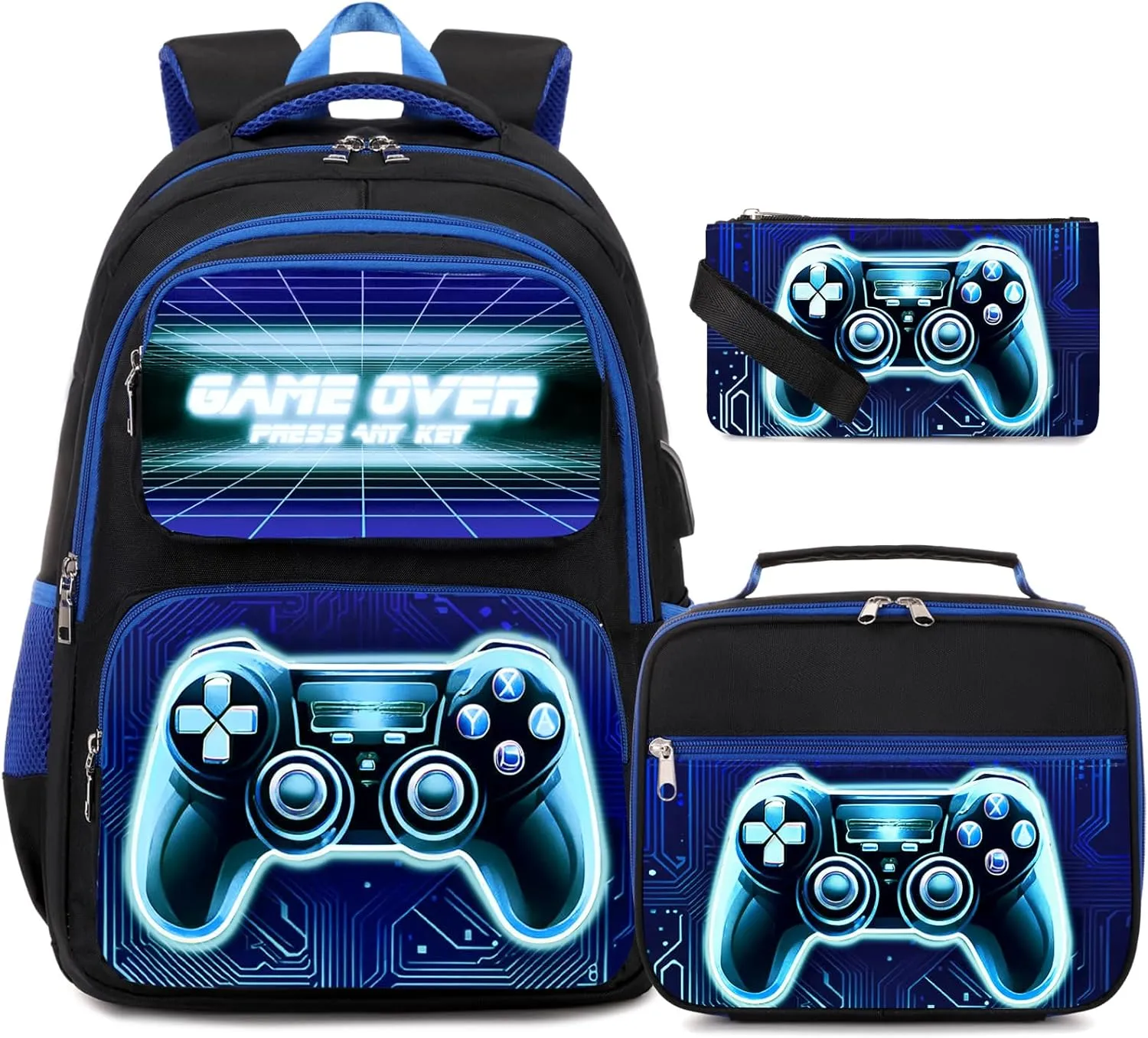 Bevalsa Backpack for Boys, School Bags for Kids, Bookbag for Boys Girls Children Teens Backpacks for Elementary Middle High school Student, Bookbag and Lunch Bag Set with USB Charging Port (Blue)