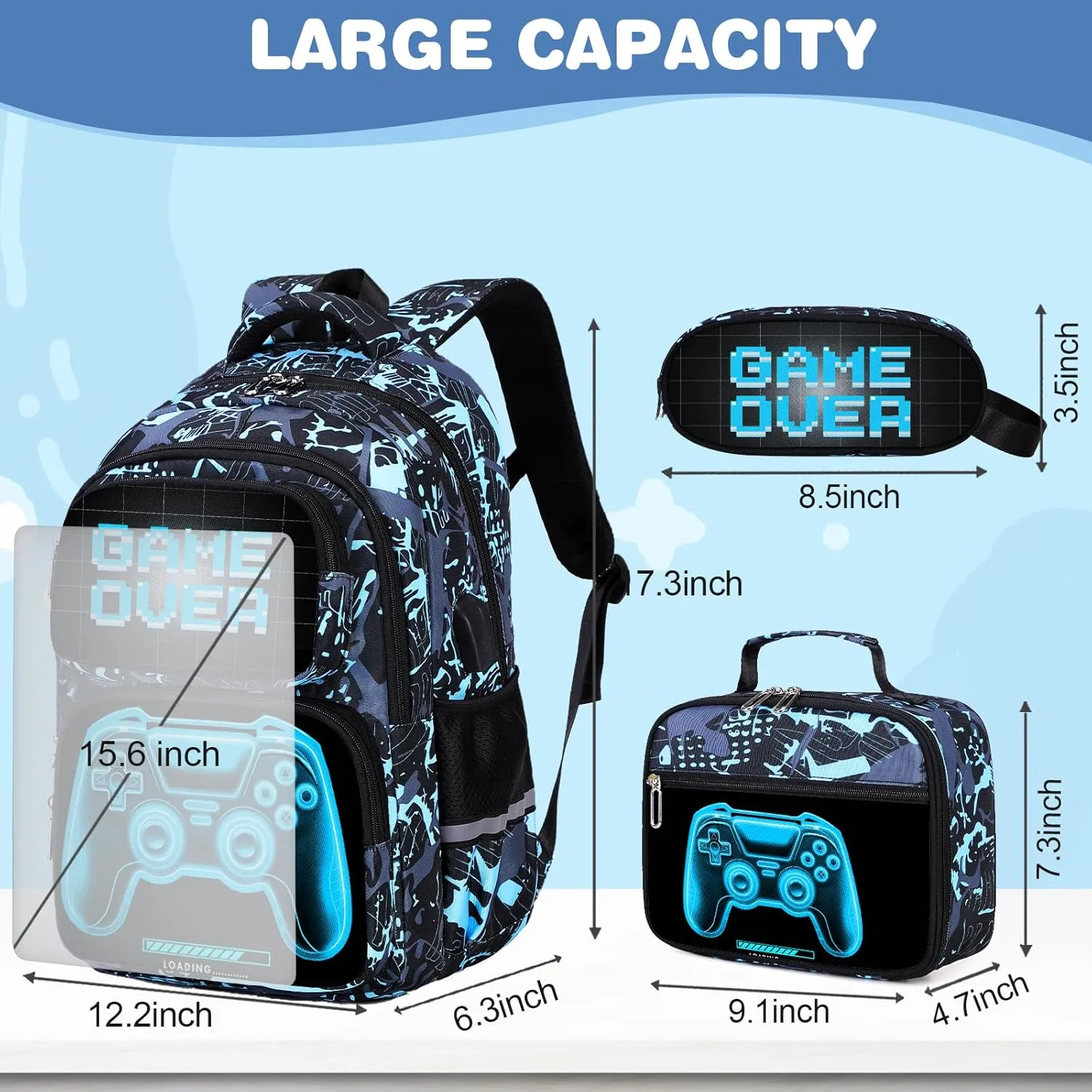 Bevalsa Backpack for Boys, School Bags for Kids, Bookbag for Boys Girls Children Teens Backpacks for Elementary Middle High school Student, Bookbag and Lunch Bag Set with USB Charging Port (Luminous)