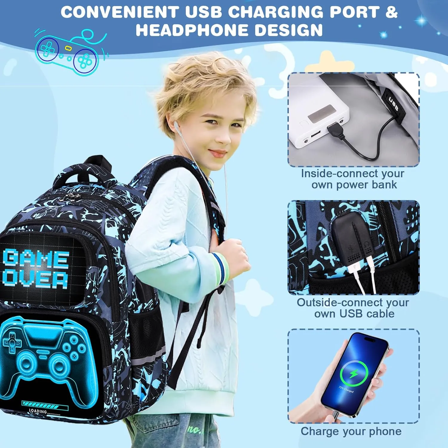 Bevalsa Backpack for Boys, School Bags for Kids, Bookbag for Boys Girls Children Teens Backpacks for Elementary Middle High school Student, Bookbag and Lunch Bag Set with USB Charging Port (Luminous)