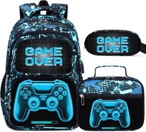 Bevalsa Backpack for Boys, School Bags for Kids, Bookbag for Boys Girls Children Teens Backpacks for Elementary Middle High school Student, Bookbag and Lunch Bag Set with USB Charging Port (Luminous)