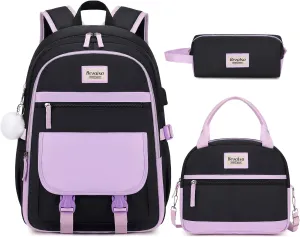 Bevalsa Backpacks for Women & Girls, Laptop Backpack with Lunch Bag & Pencil Pouch for Teen Girls & Kids, Elementary to College Student Bookbag Daypack (Purple Black)