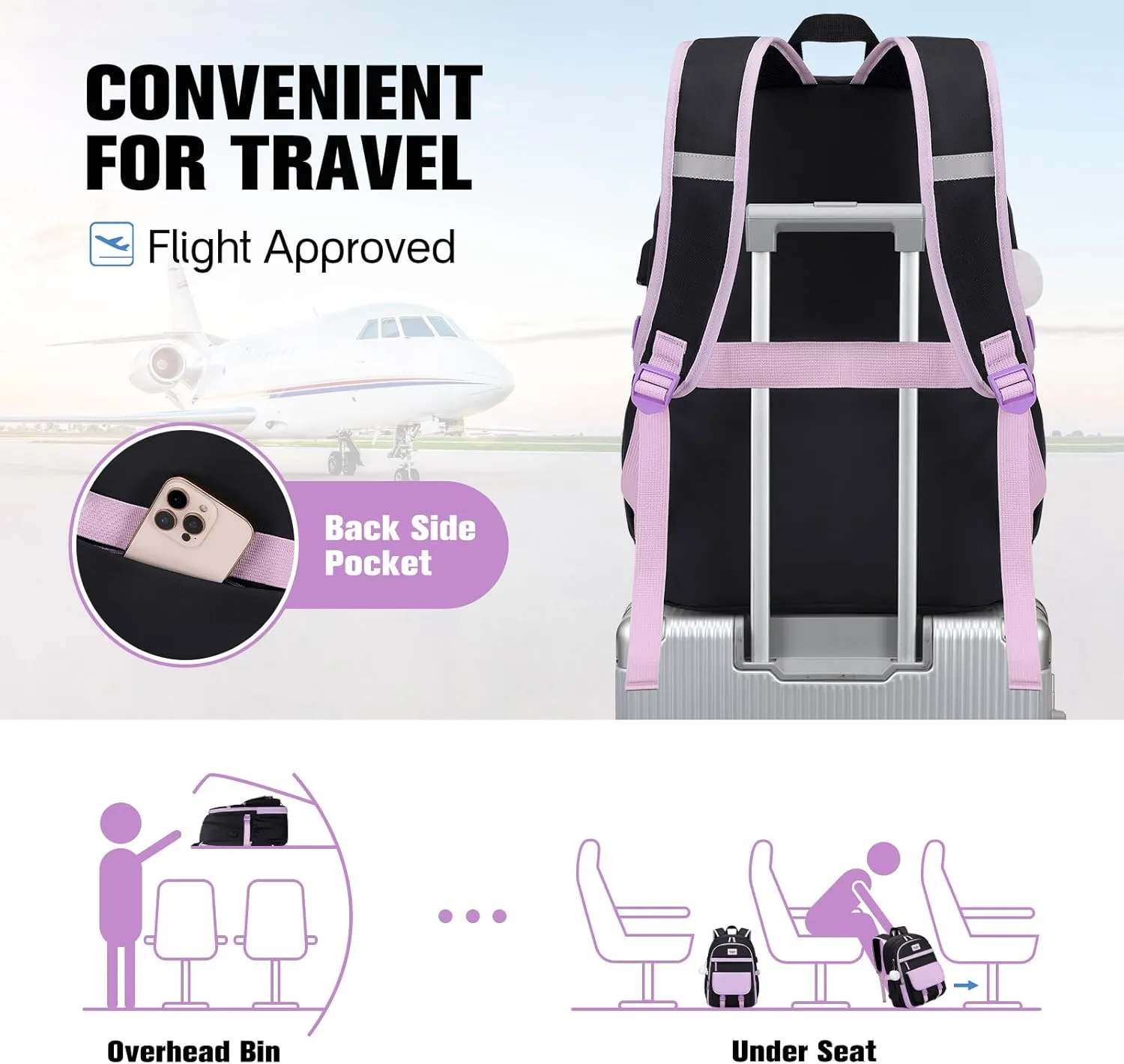 Bevalsa Backpacks for Women & Girls, Laptop Backpack with Lunch Bag & Pencil Pouch for Teen Girls & Kids, Elementary to College Student Bookbag Daypack (Purple Black)